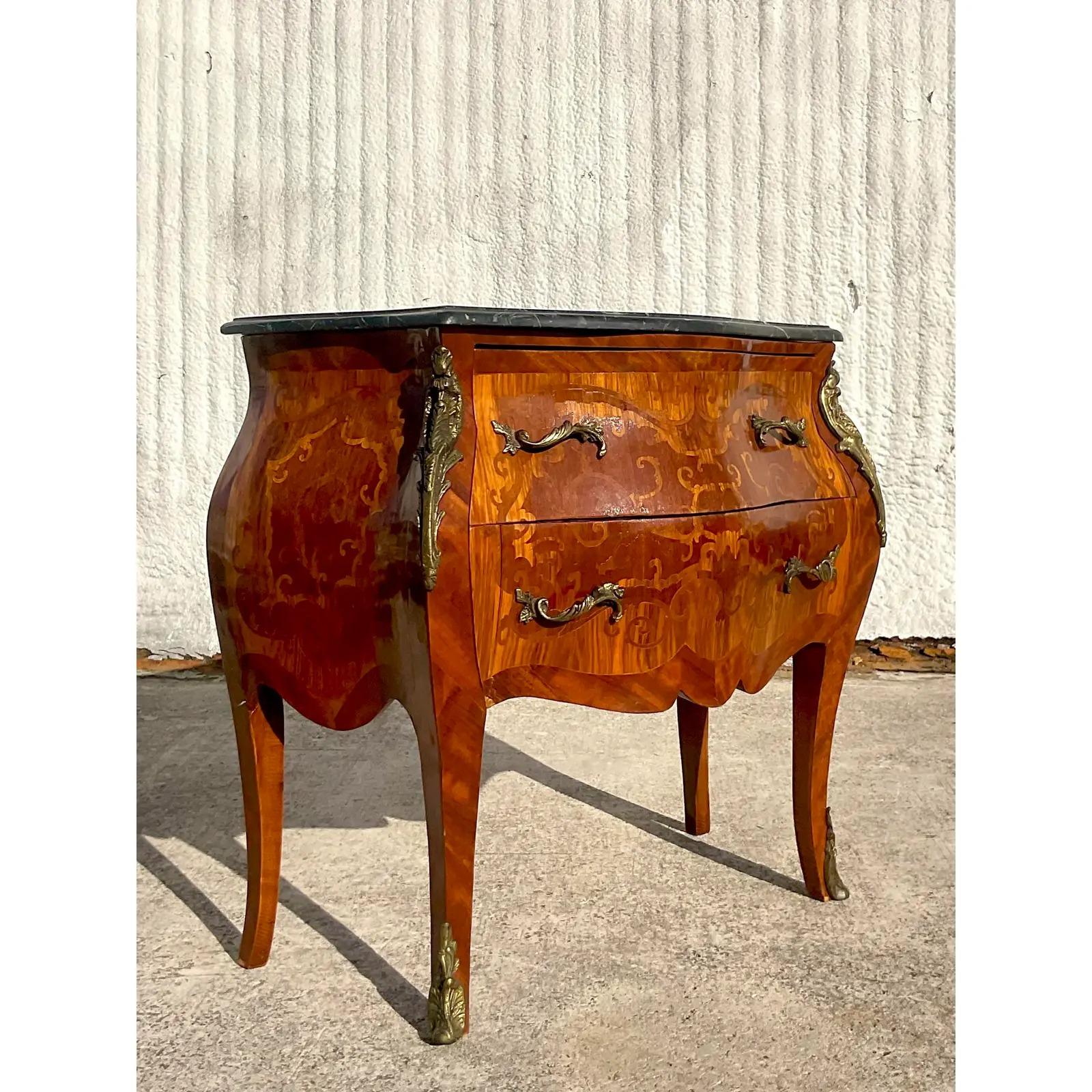 Belgian Black Marble Vintage Regency Marble Top Marquetry Bombe Chest For Sale