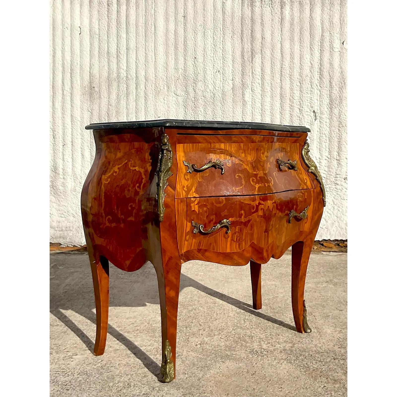 Vintage Regency Marble Top Marquetry Bombe Chest For Sale 1
