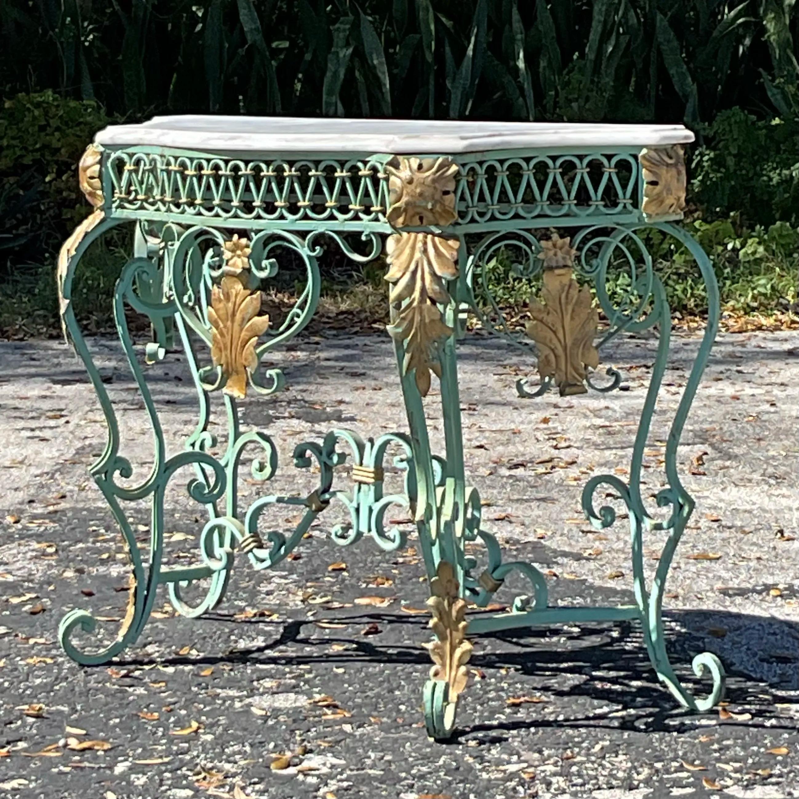 American Vintage Regency Marble Top Wrought Iron Console Table For Sale