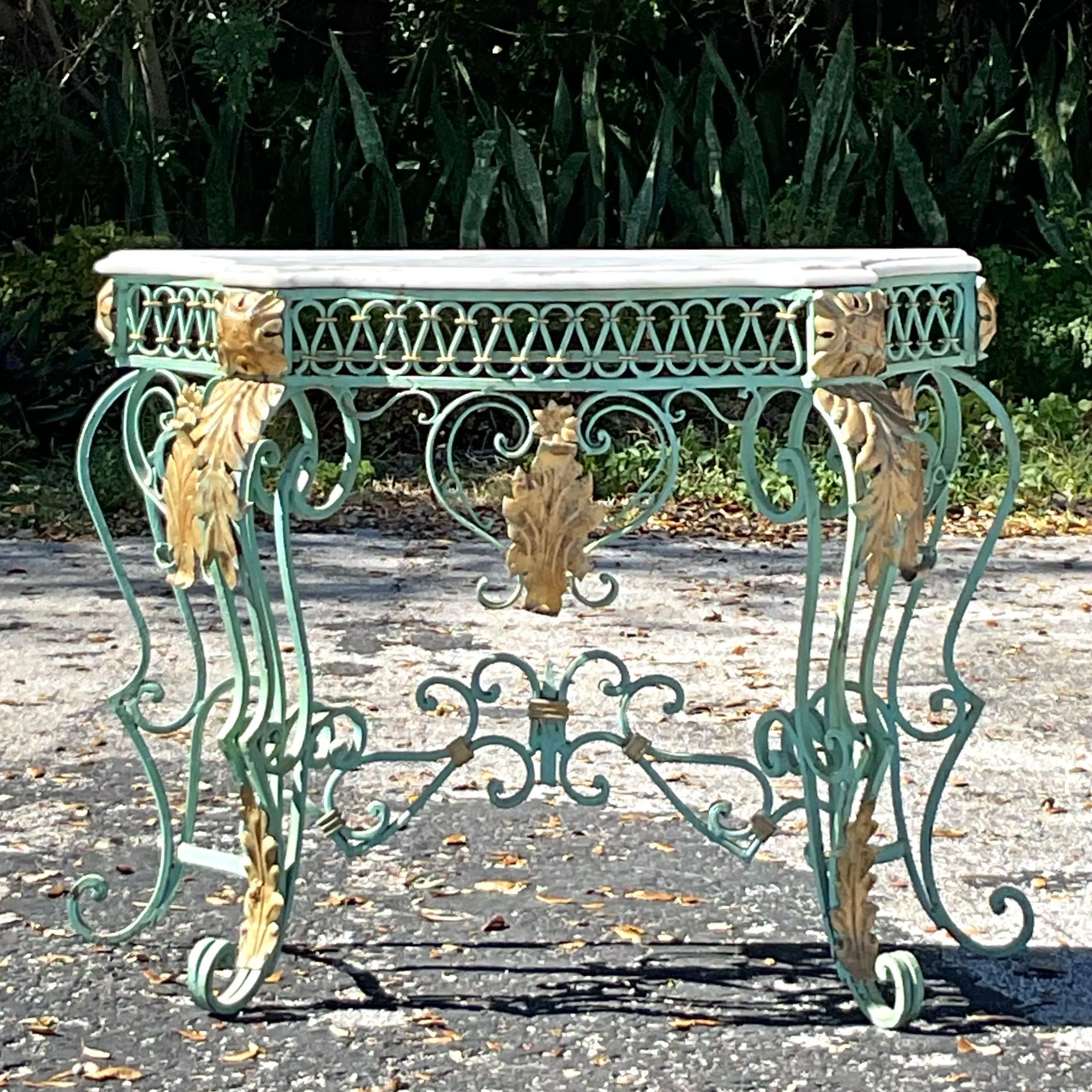 Vintage Regency Marble Top Wrought Iron Console Table In Good Condition For Sale In west palm beach, FL