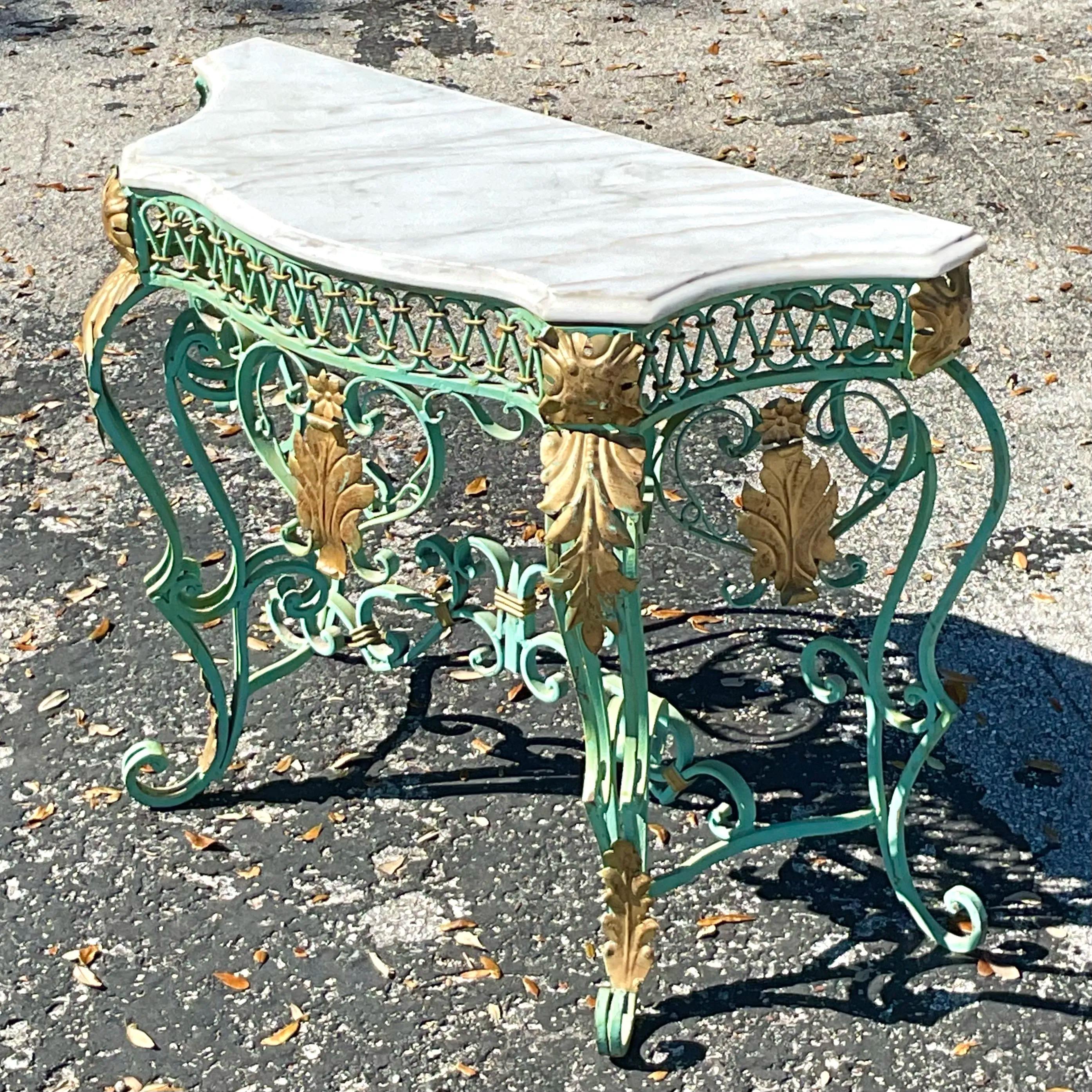 20th Century Vintage Regency Marble Top Wrought Iron Console Table For Sale
