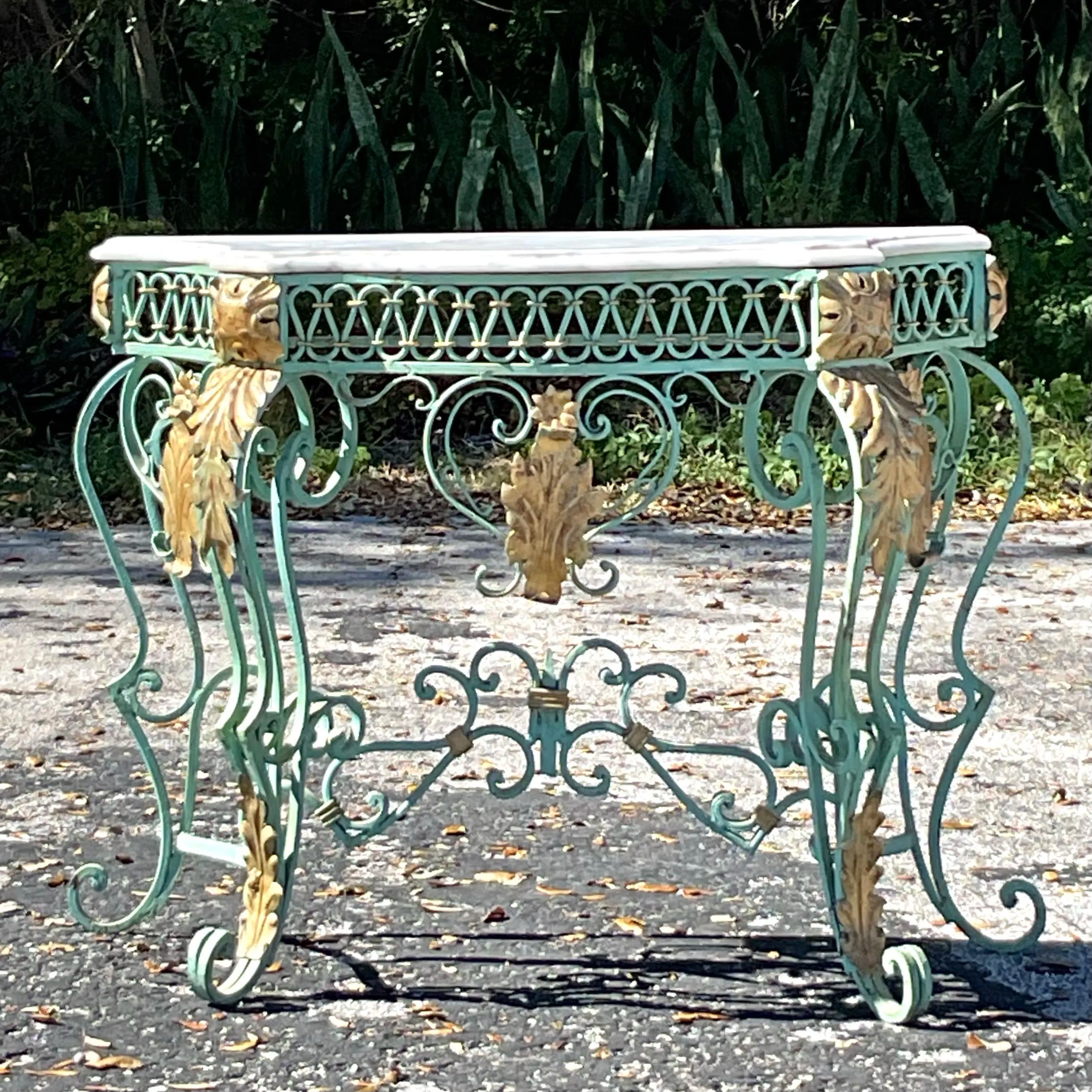 Vintage Regency Marble Top Wrought Iron Console Table For Sale 1