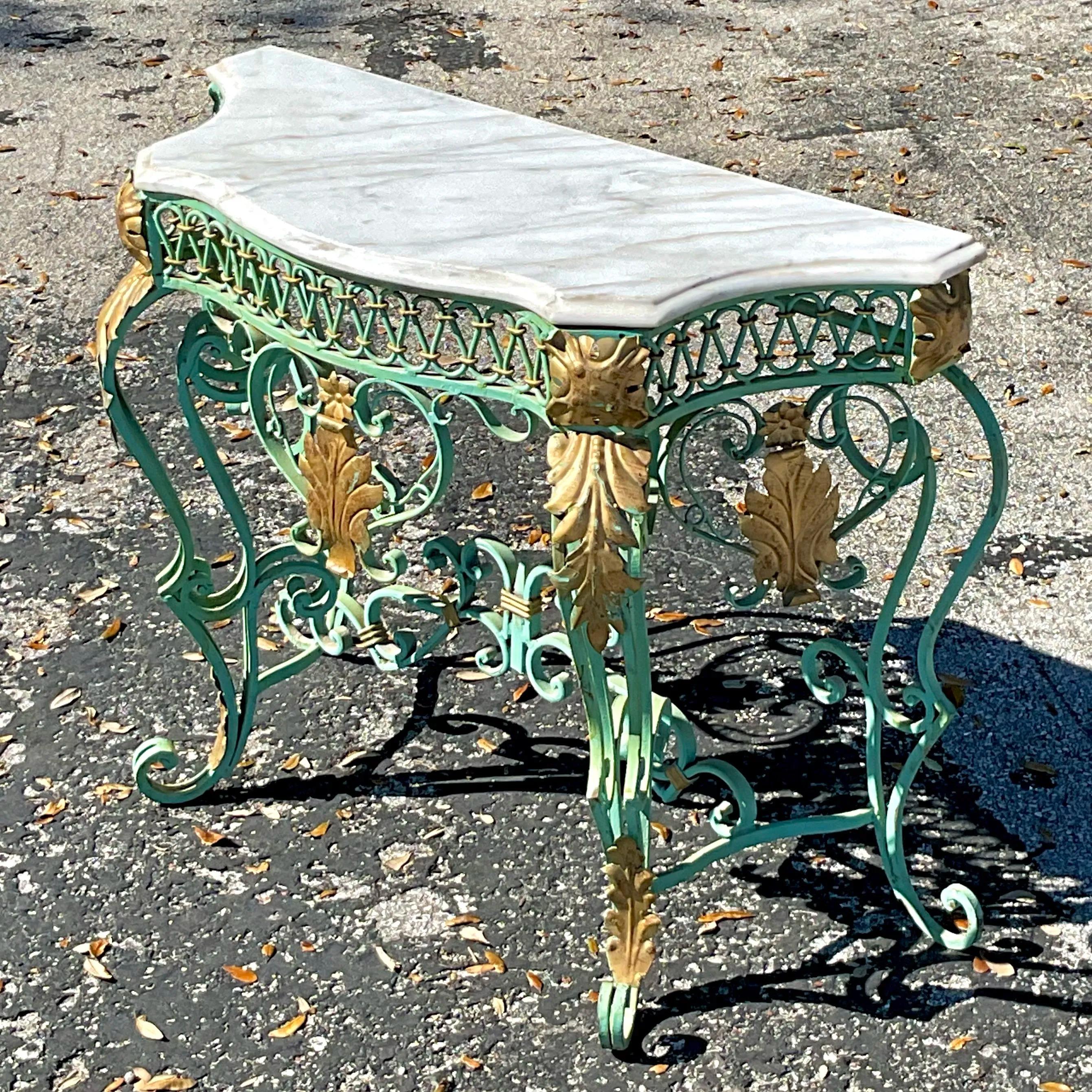 Vintage Regency Marble Top Wrought Iron Console Table For Sale 2