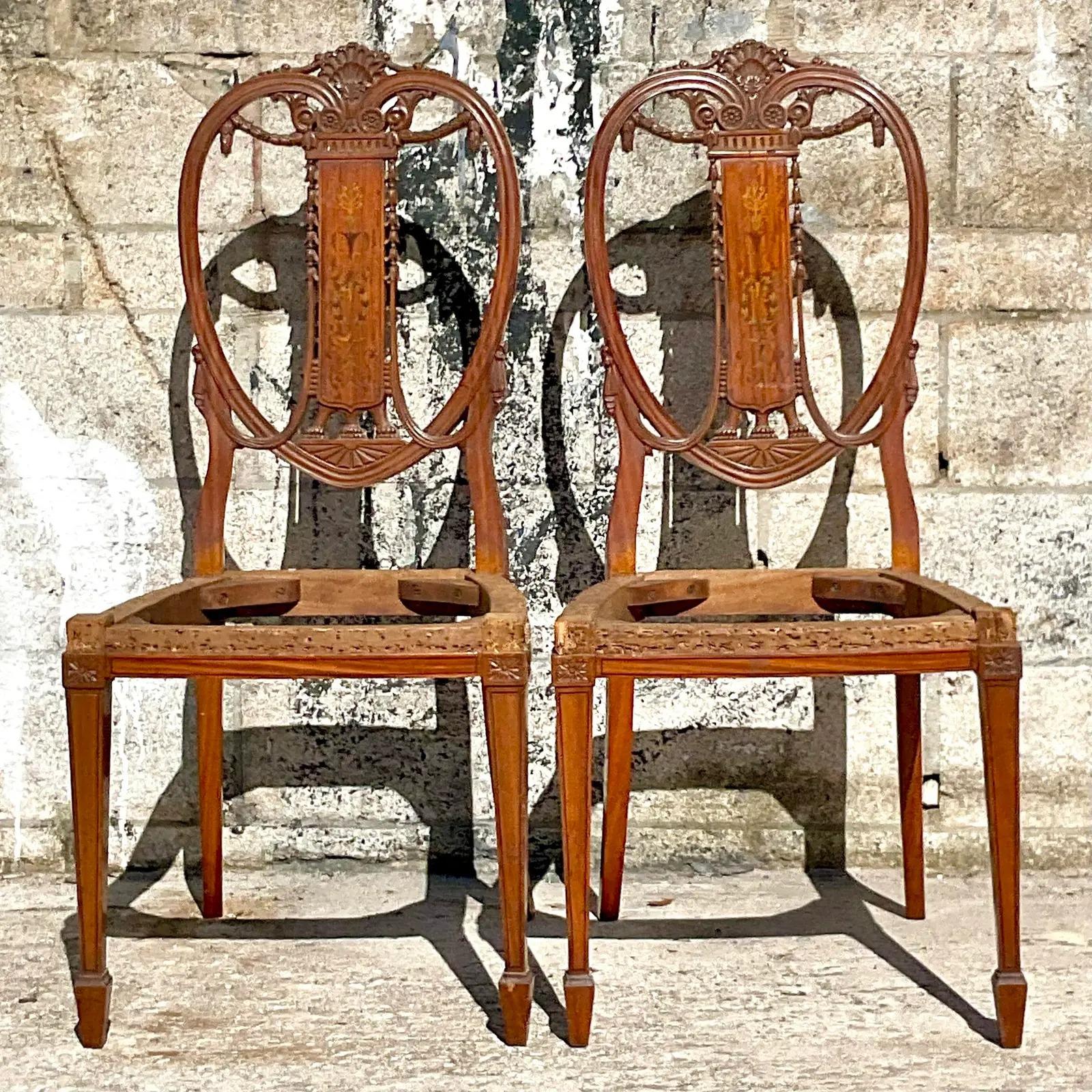 North American Vintage Regency Marquetry Balloon Back Chairs - a Pair For Sale
