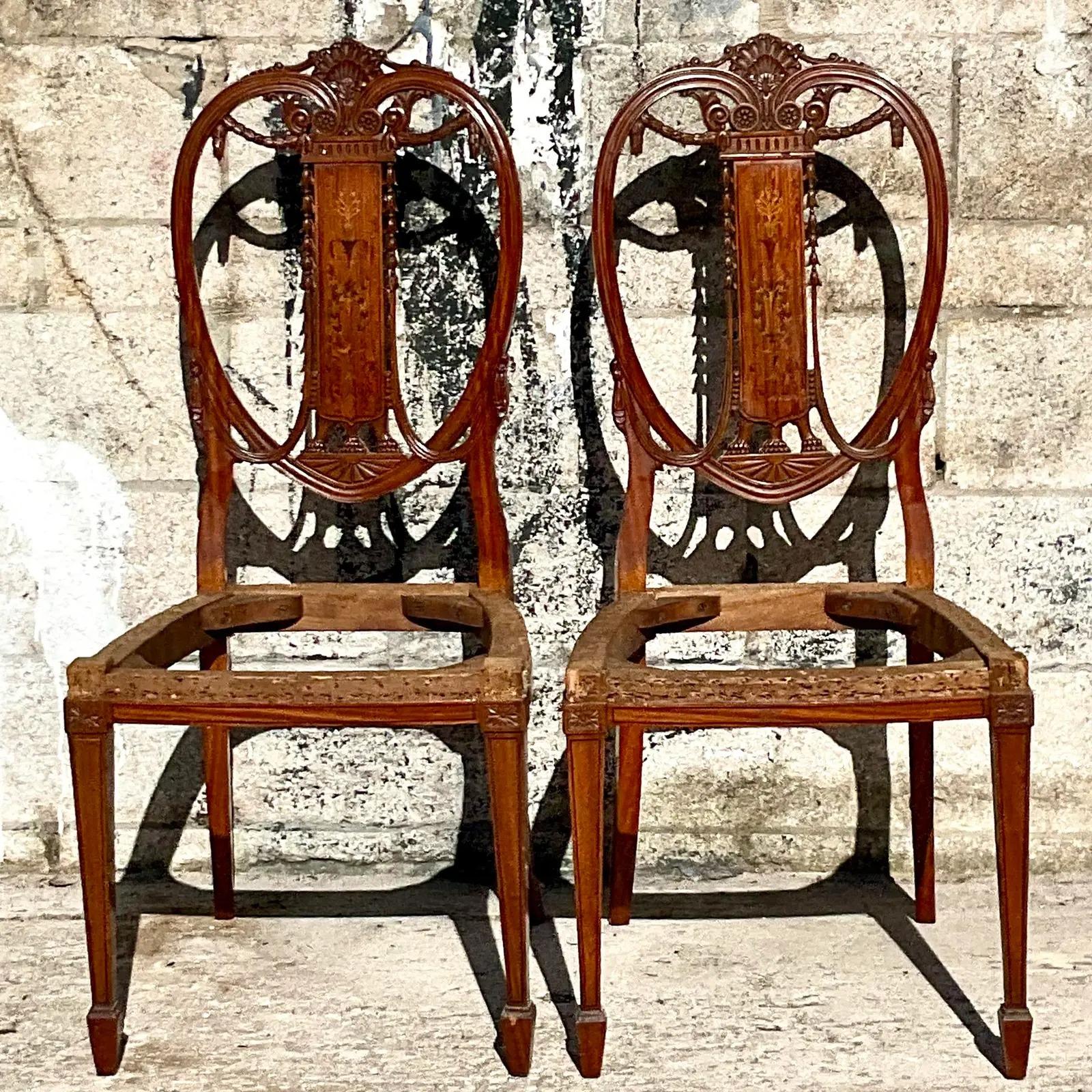 20th Century Vintage Regency Marquetry Balloon Back Chairs - a Pair For Sale