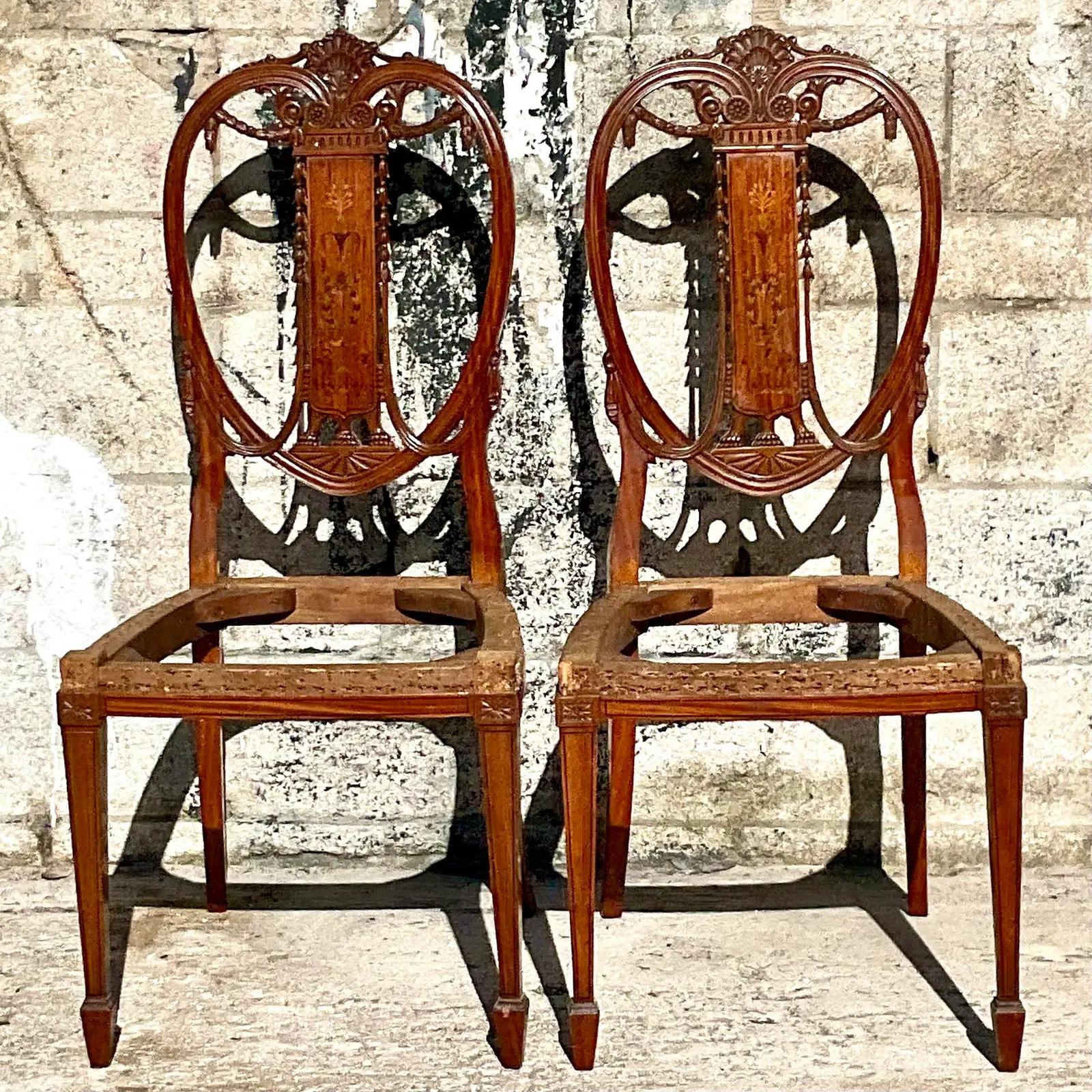 Fabric Vintage Regency Marquetry Balloon Back Chairs - a Pair For Sale