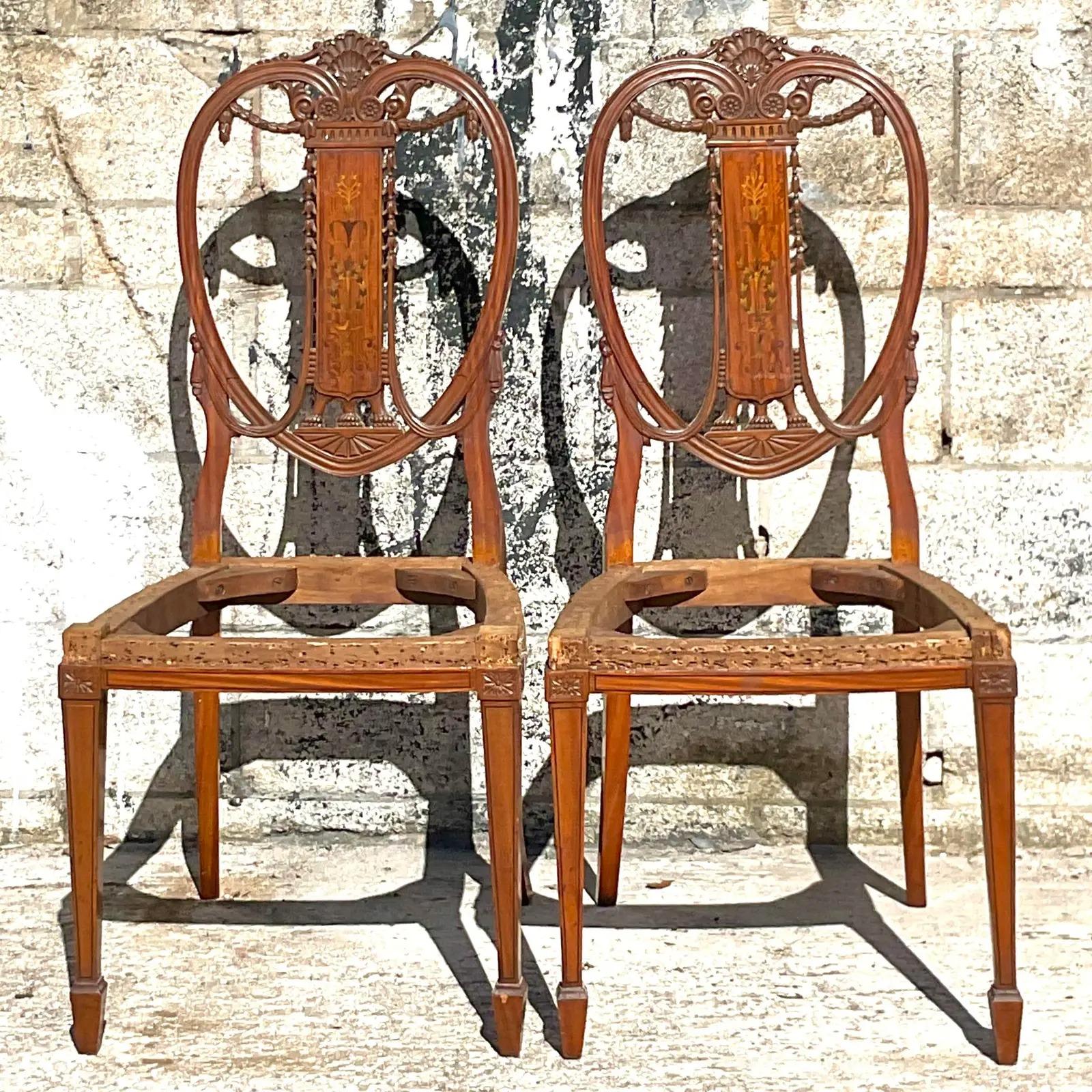Vintage Regency Marquetry Balloon Back Chairs - a Pair For Sale 1