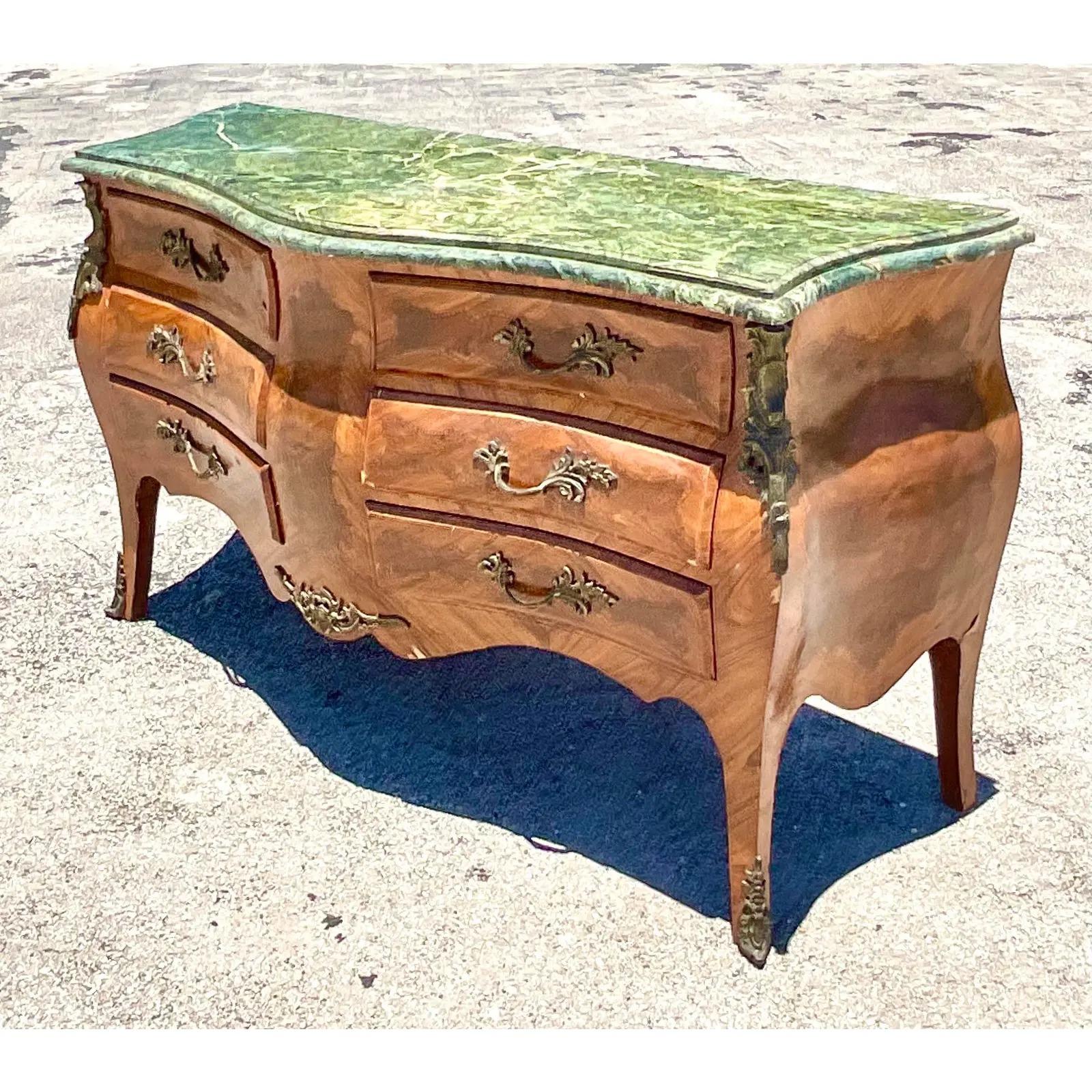 Vintage Regency Marquetry Bombe Chest In Good Condition In west palm beach, FL