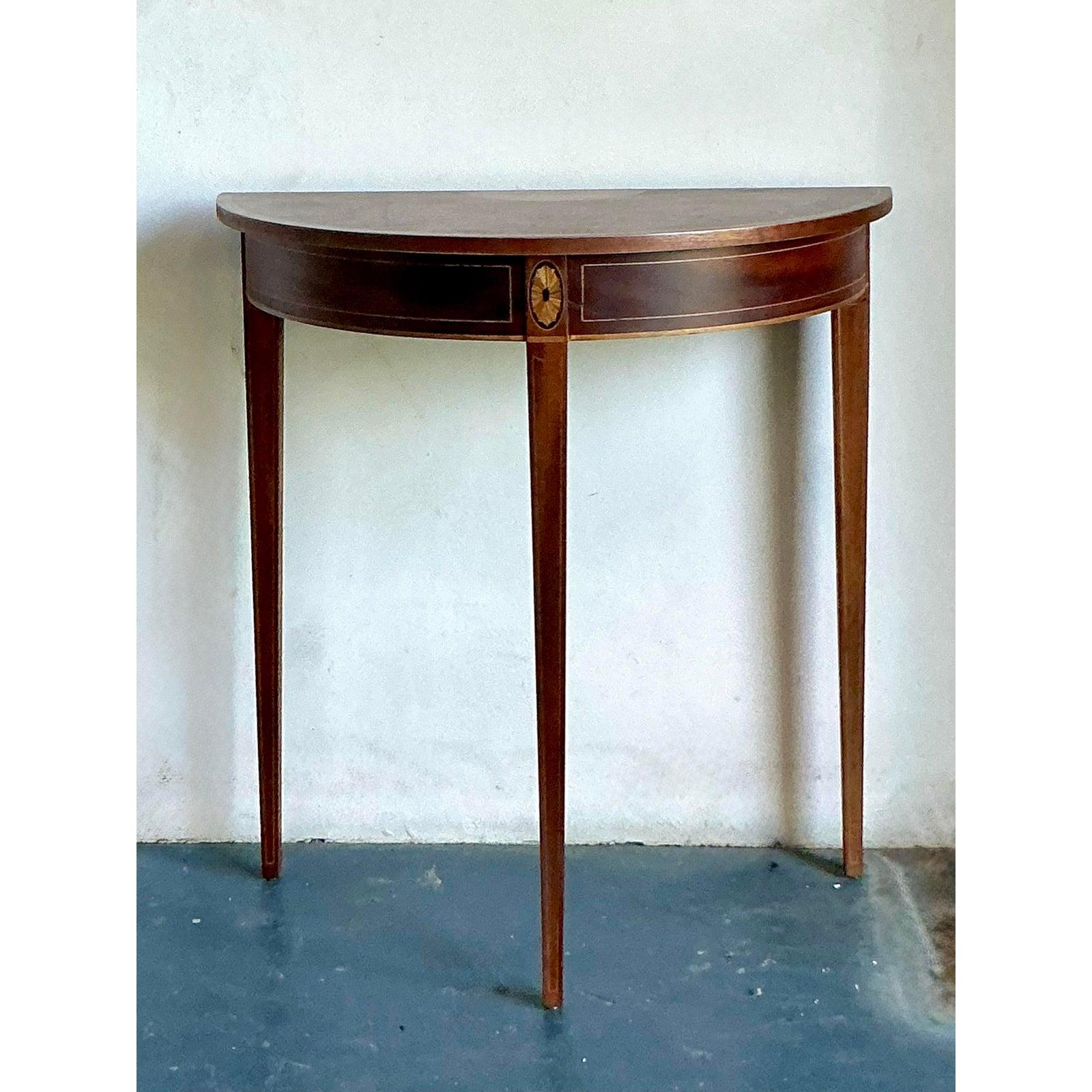 British Vintage Regency Marquetry Demilune Table For Sale