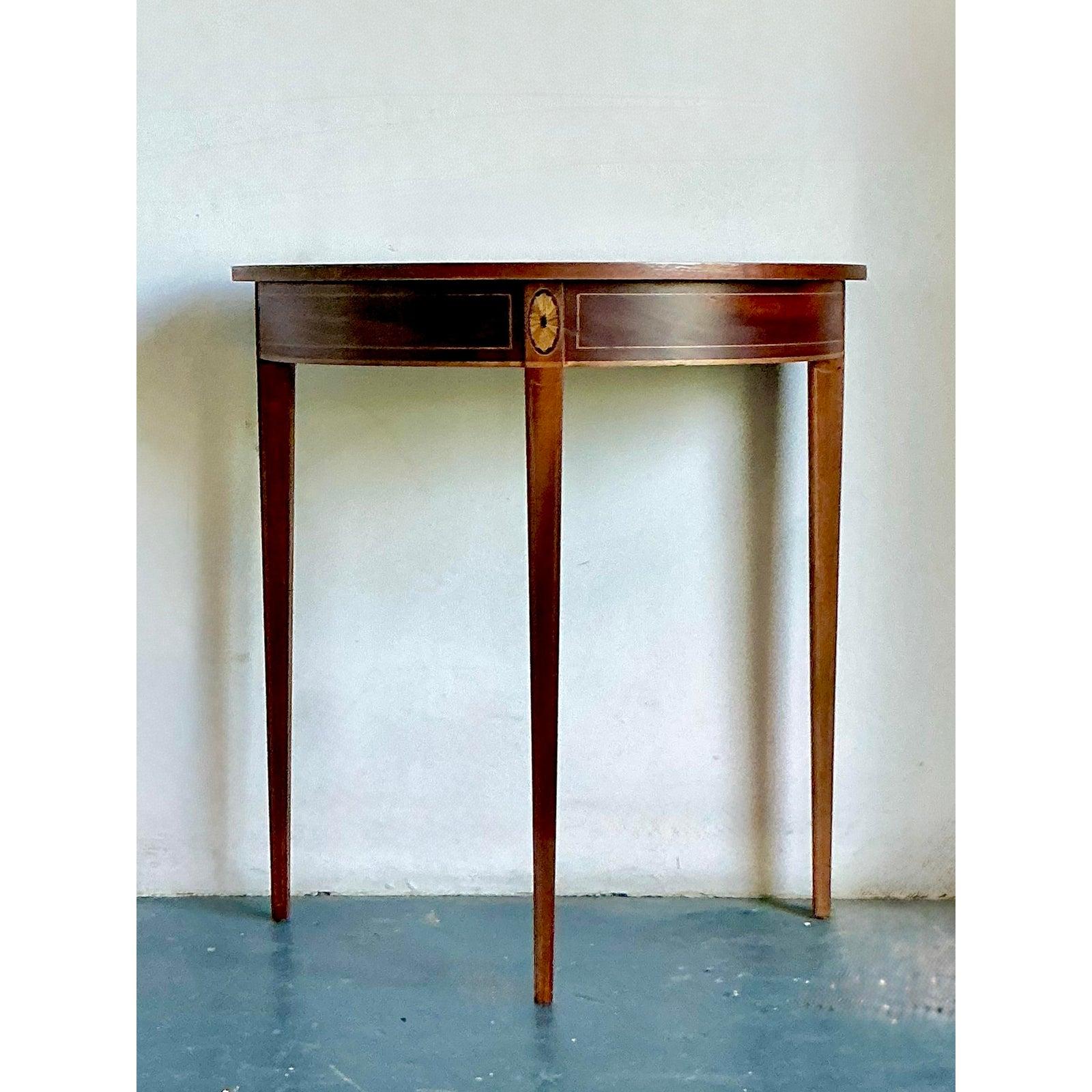 Vintage Regency Marquetry Demilune Table In Good Condition For Sale In West Palm Beach, FL