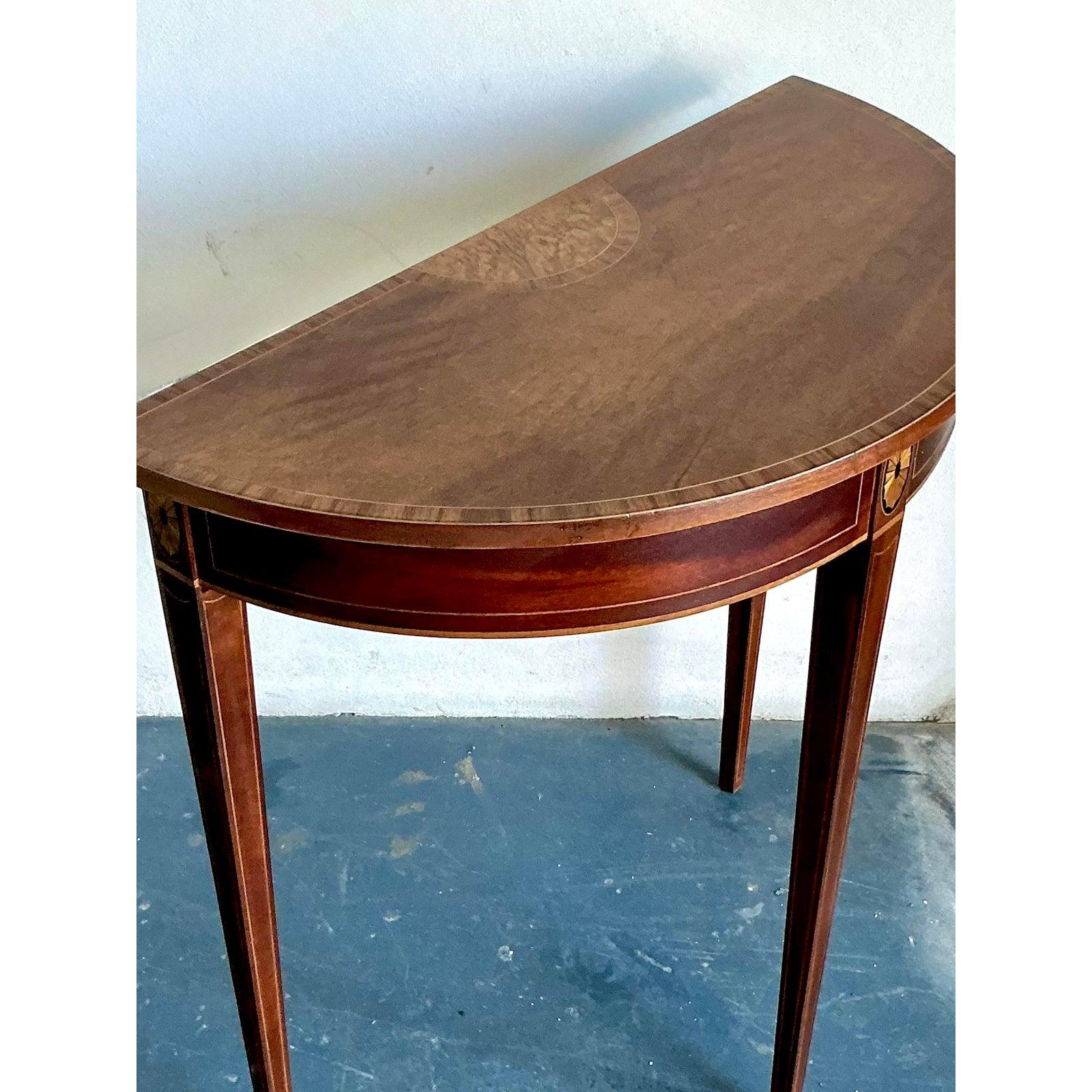 20th Century Vintage Regency Marquetry Demilune Table For Sale