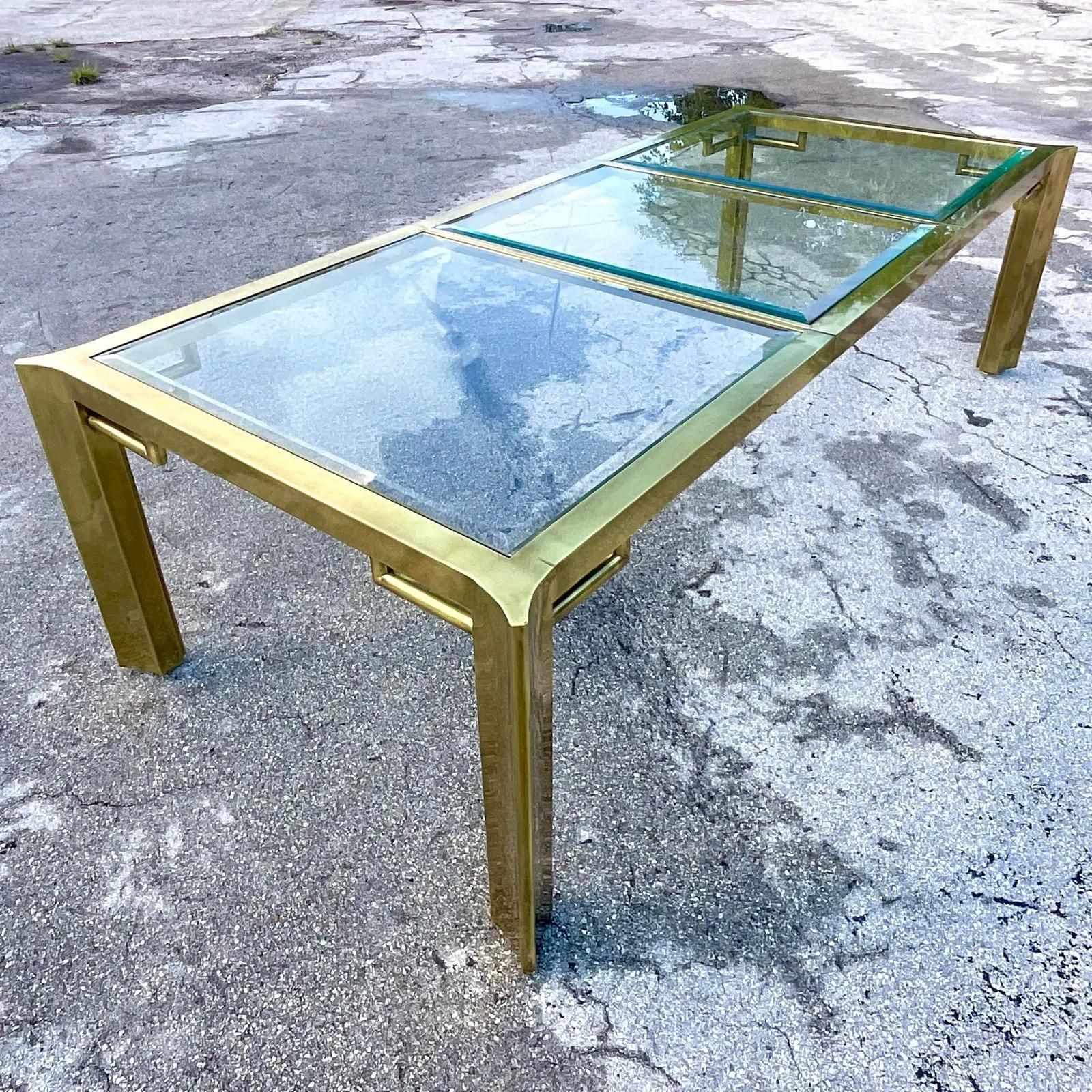 Vintage Regency Mastercraft Brass Fretwork Dining Table In Good Condition In west palm beach, FL