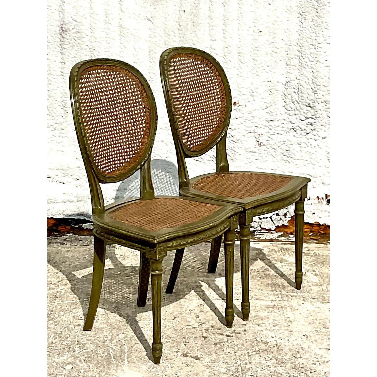 20th Century Vintage Regency Medallion Back Cane Side Chairs, a Pair