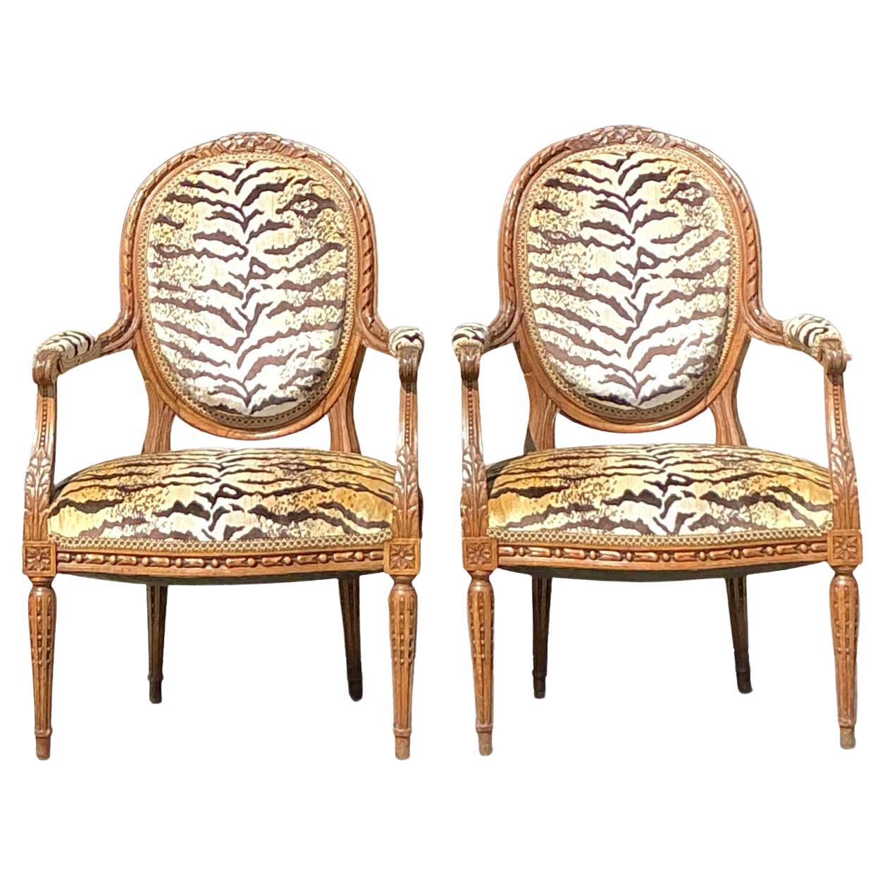 Vintage Regency Medallion Back Scalamandre Arm Chairs - A Pair