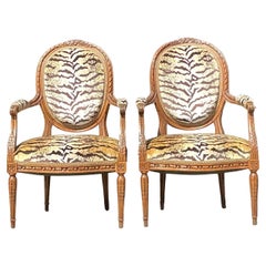 Vintage Regency Medallion Back Scalamandre Arm Chairs - A Pair