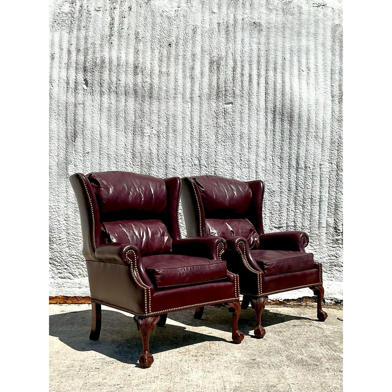 Chaises à dossier en cuir Merlot Vintage Regency - une paire en vente 1