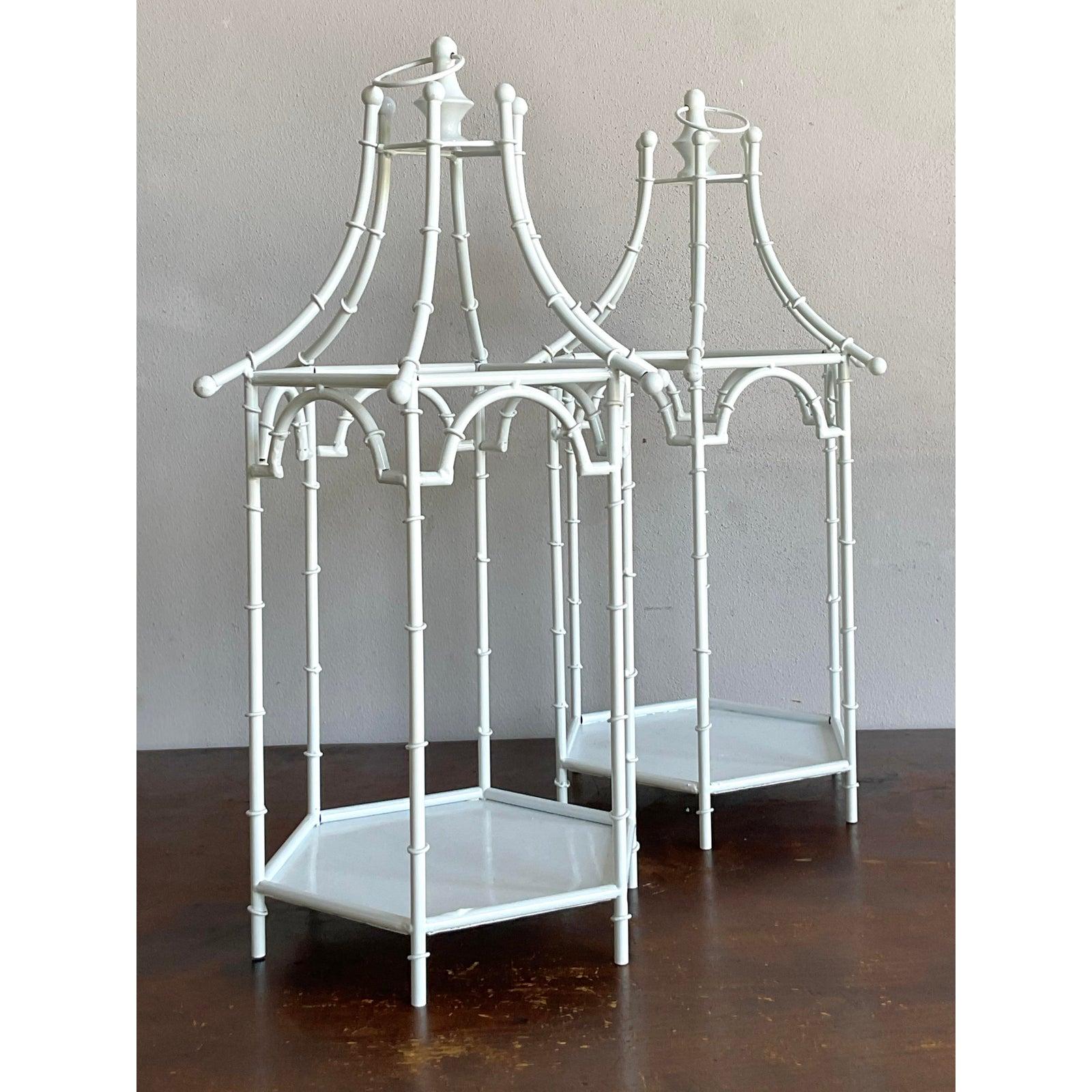 Chinoiserie Vintage Regency Metal Bamboo Candle Lanterns - Set of 2 For Sale
