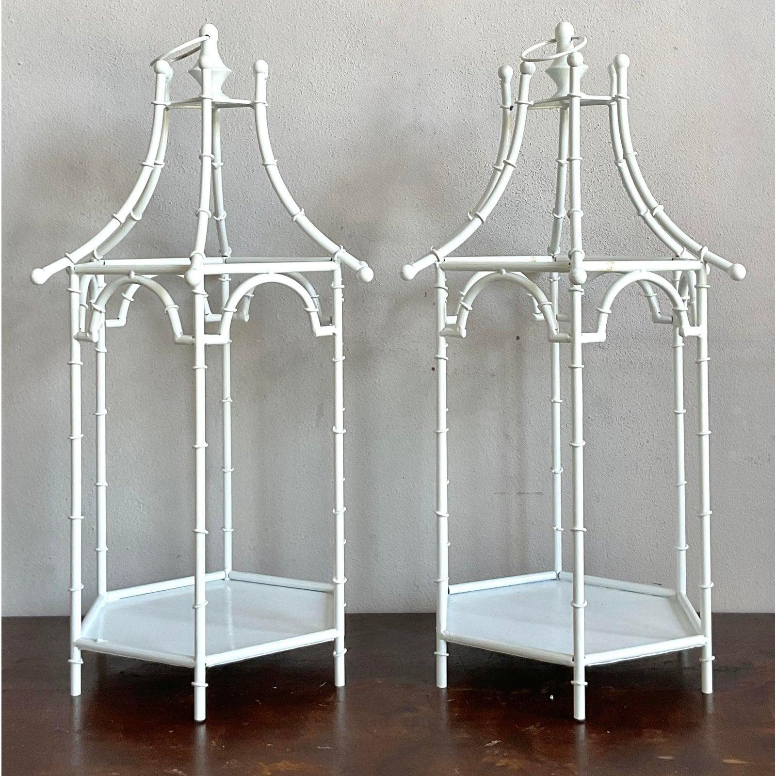 American Vintage Regency Metal Bamboo Candle Lanterns - Set of 2 For Sale