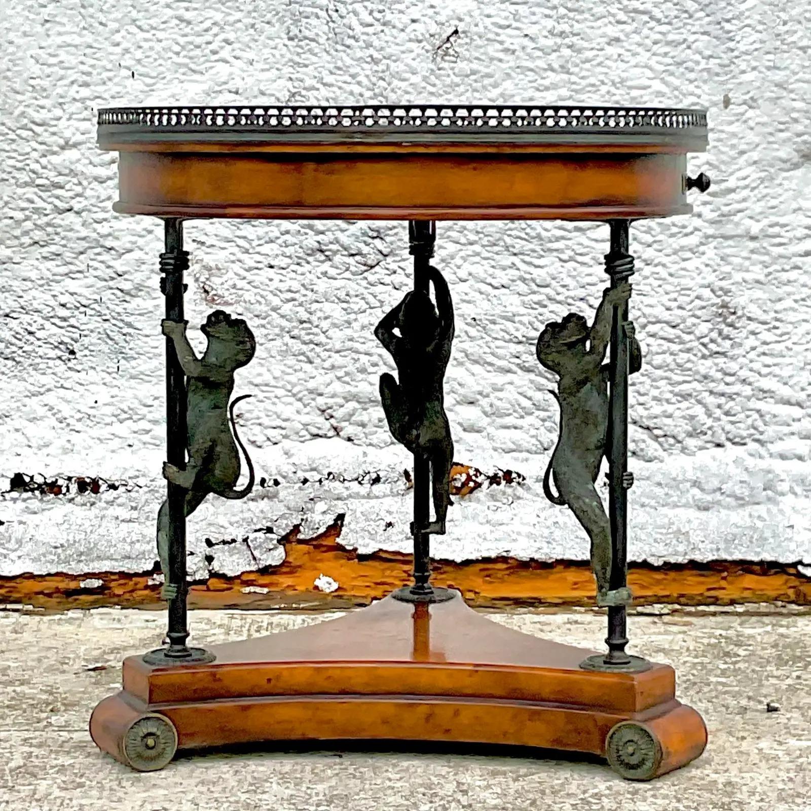 Vintage Regency Monkey Bouillotte Side Table After Maitland Smith In Good Condition In west palm beach, FL