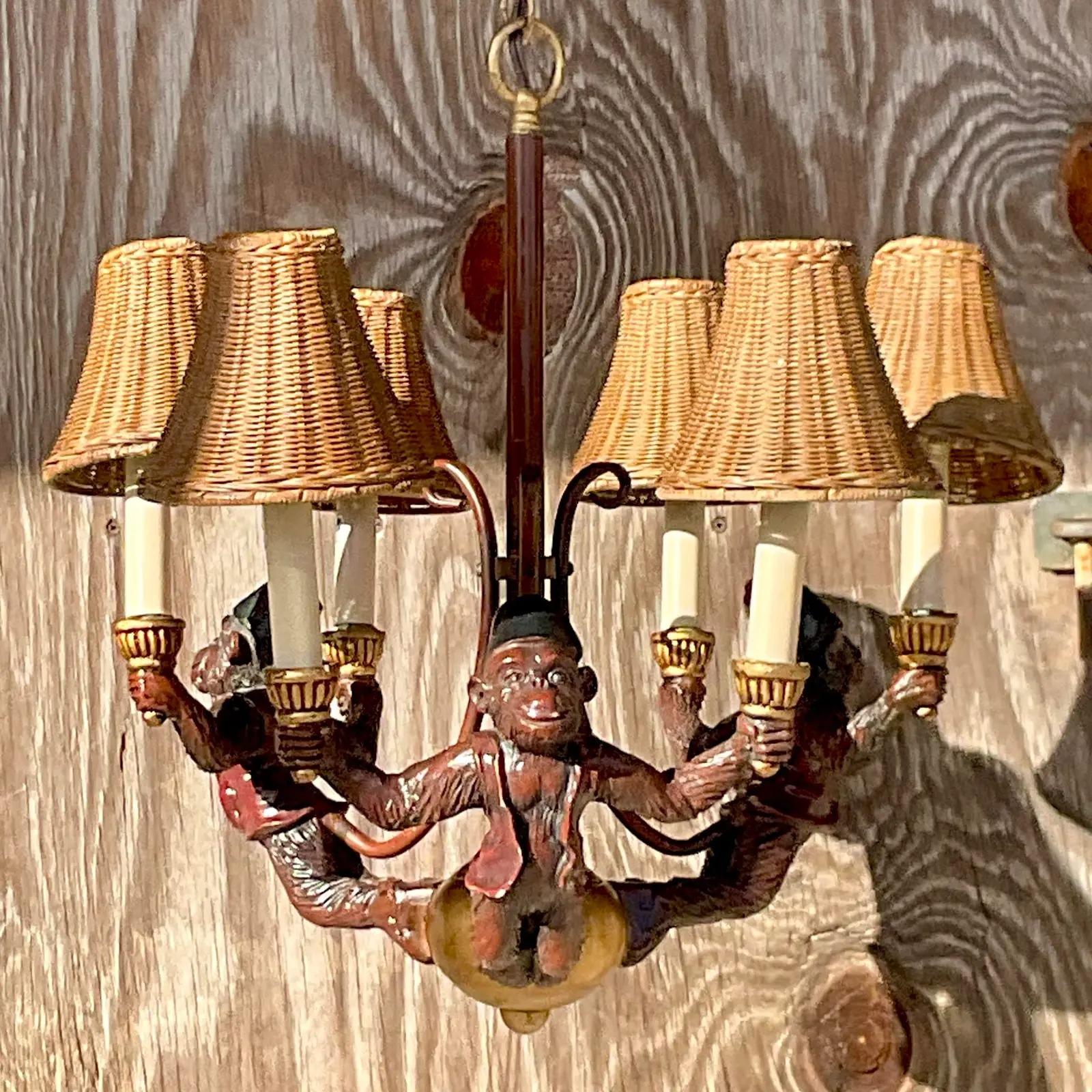 Rattan Vintage Regency Monkey Chandelier