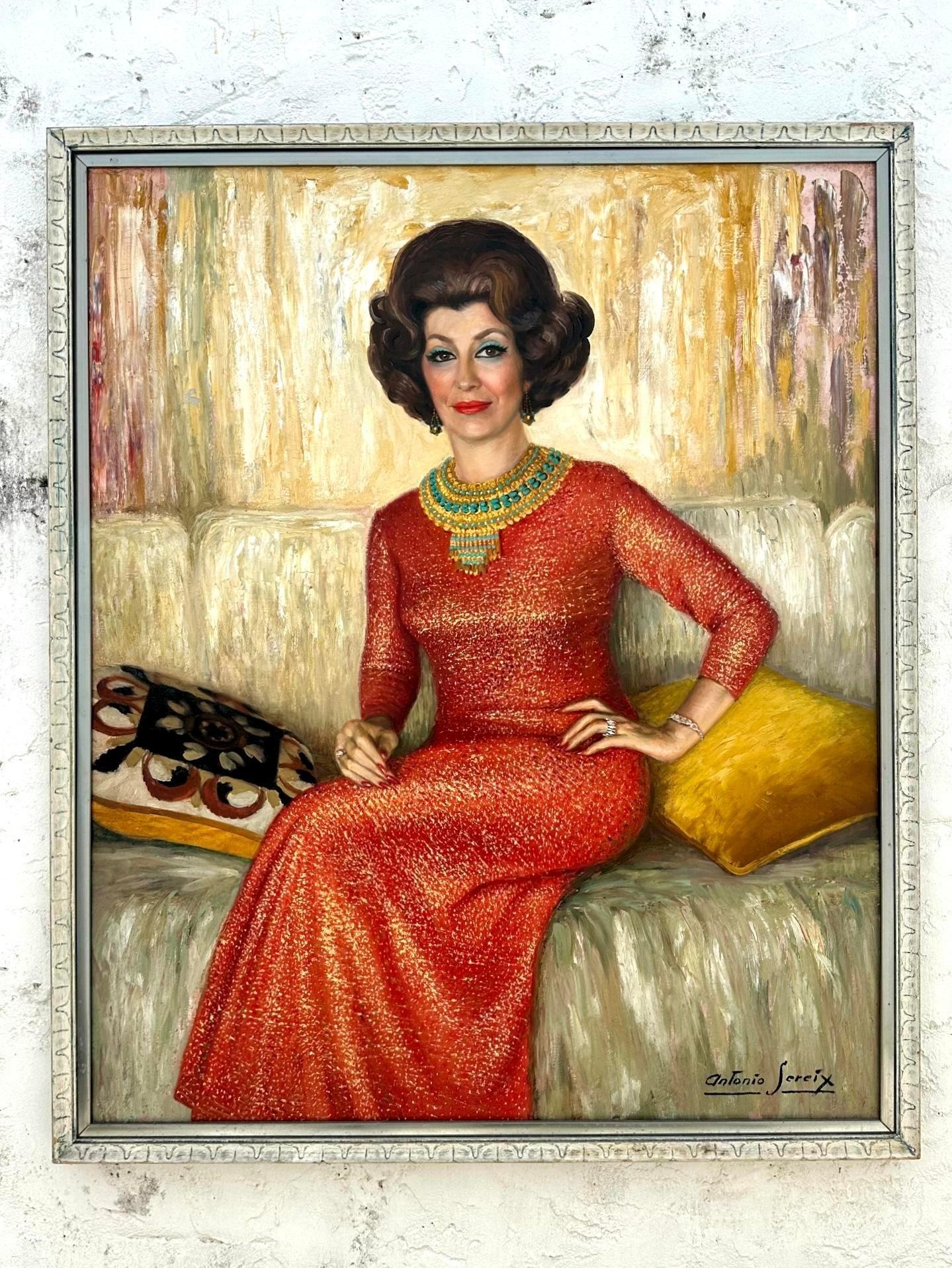 Immergiti in un'eleganza senza tempo con il nostro ritratto originale a olio su tela Vintage Regency Monumental 1960s. Realizzata negli Stati Uniti con un dettaglio minuzioso, questa straordinaria opera d'arte cattura l'essenza della raffinatezza