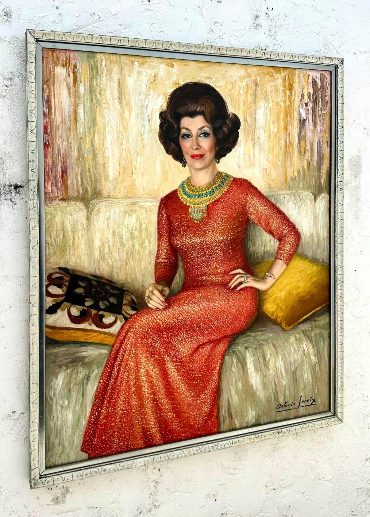 American Vintage Regency Monumental 1970s Original Oil Portrait on Canvas For Sale