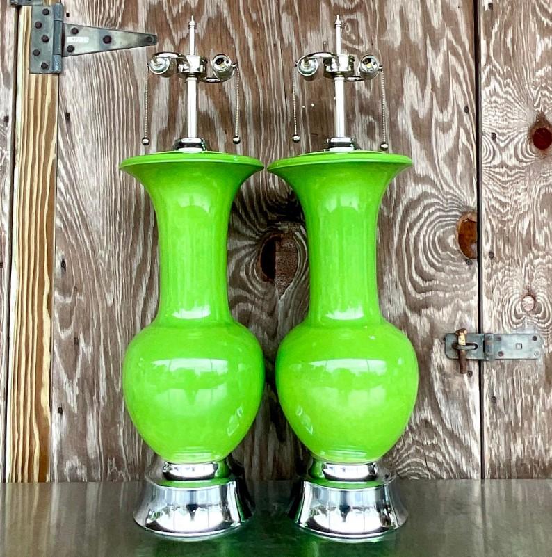 Hollywood Regency Vintage Regency Monumental Apple Green Glazed Ceramic Lamps - a Pair For Sale