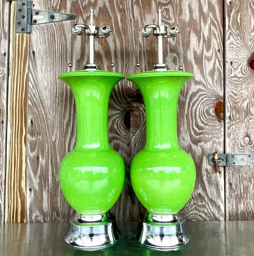 North American Vintage Regency Monumental Apple Green Glazed Ceramic Lamps - a Pair For Sale
