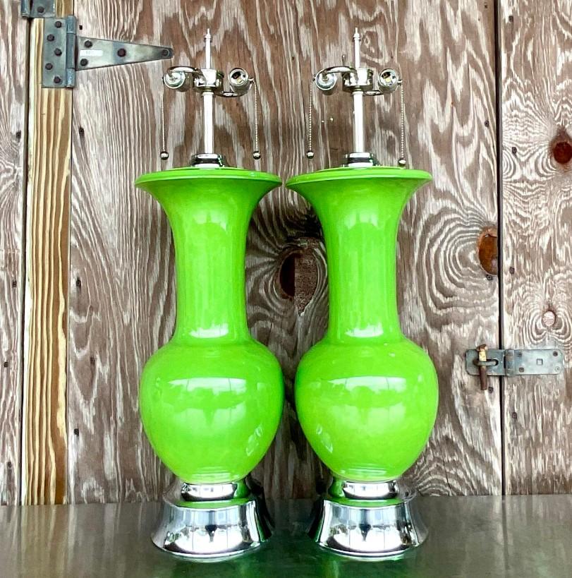 Vintage Regency Monumental Apple Green Glazed Ceramic Lamps - a Pair In Good Condition For Sale In west palm beach, FL
