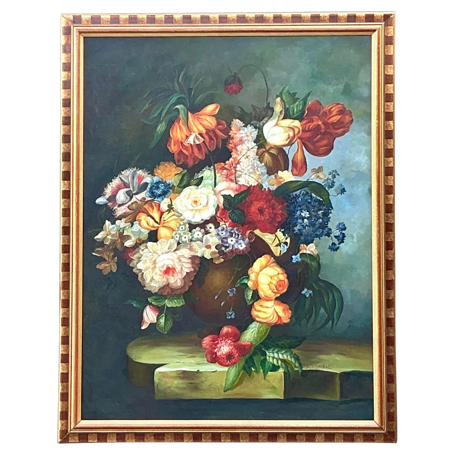 Vintage Regency Monumental Botanical Ölgemälde auf Leinwand im Angebot