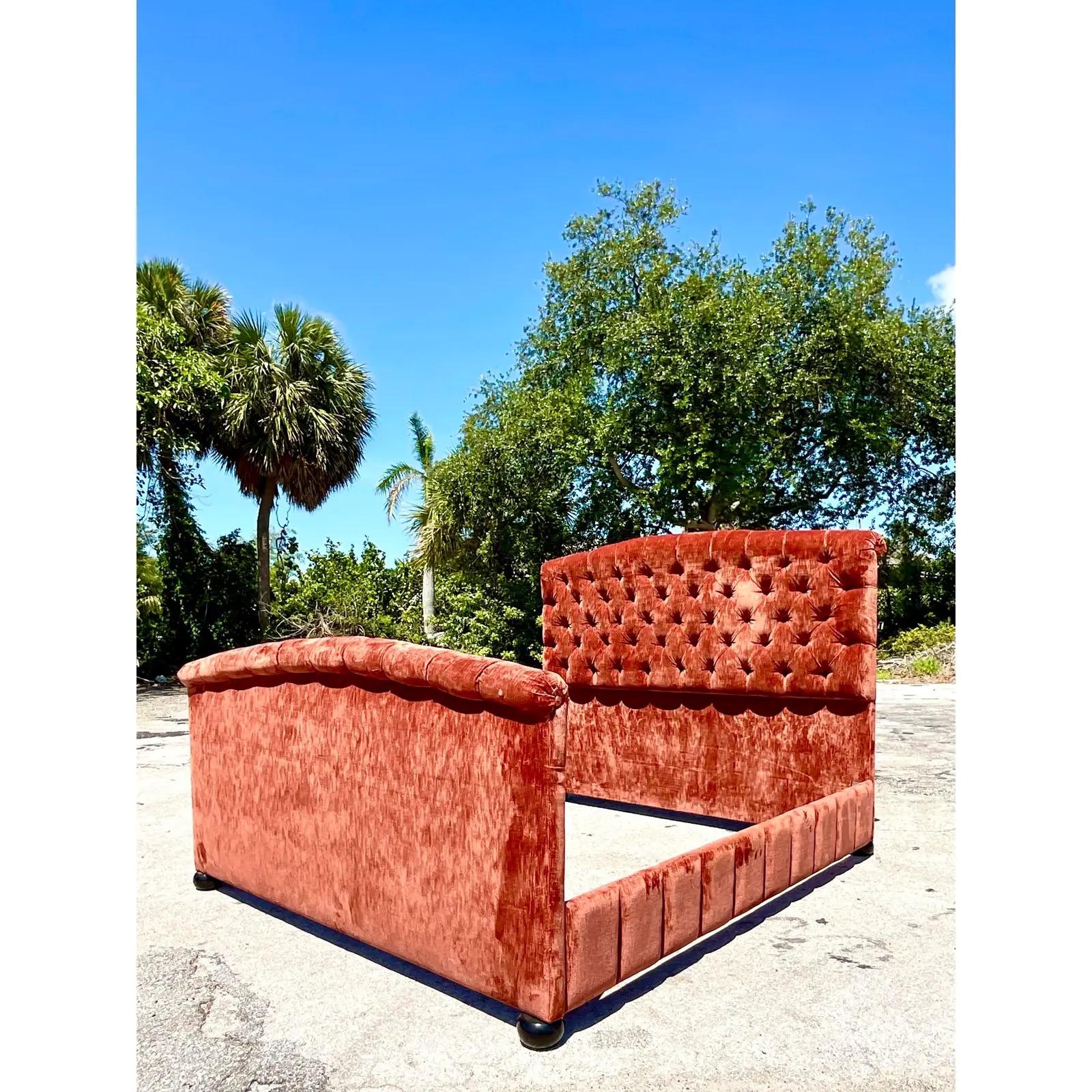 Vintage Regency Monumental Custom Tufted Lino Lavato Velvet King Bed In Good Condition In west palm beach, FL