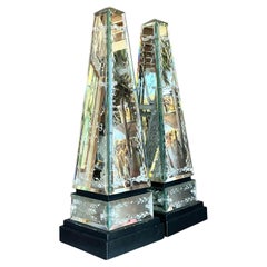 Vintage Regency Monumental Etched Venetian Glass Obelisks - A Pair