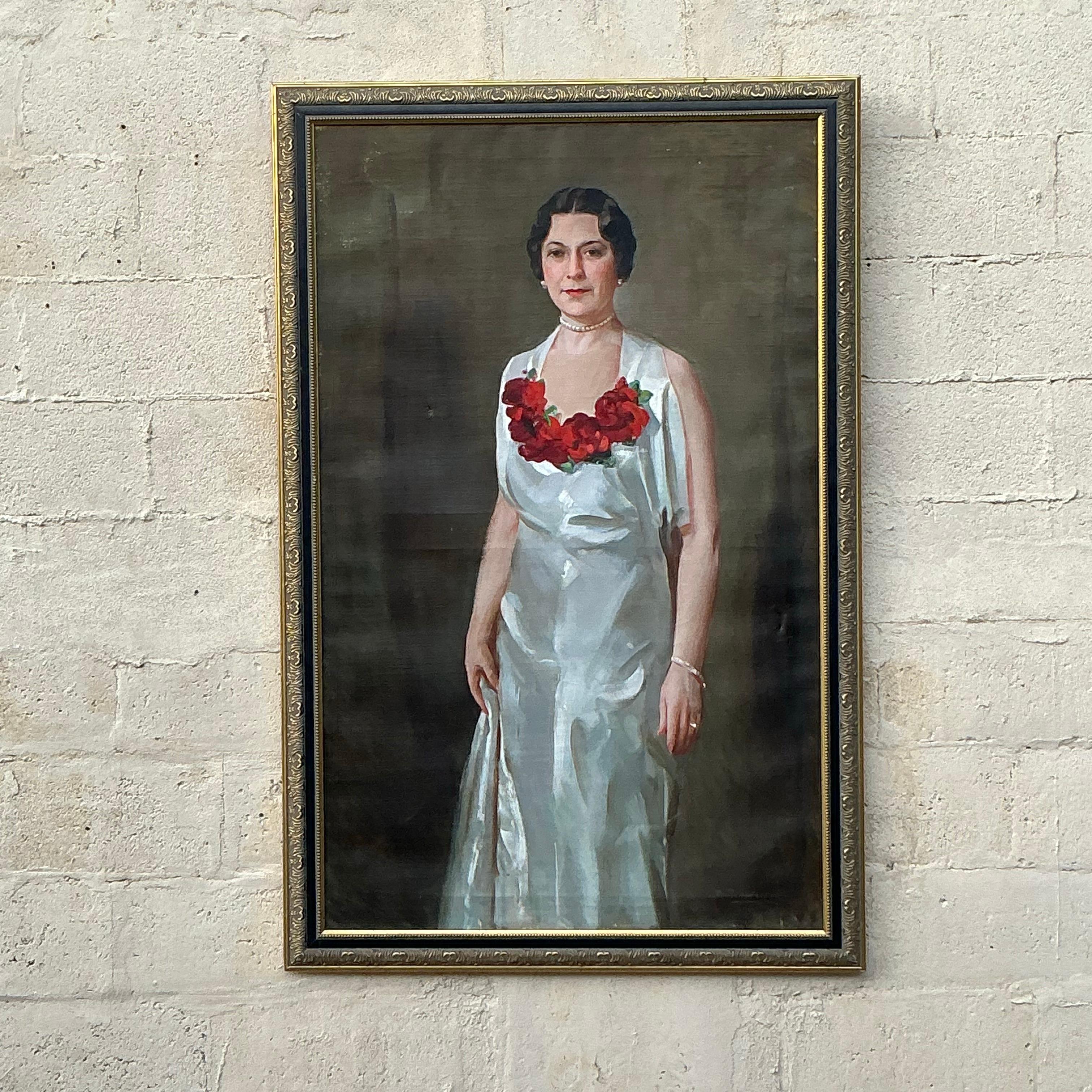 Vintage Regency Retrato al óleo original monumental sobre lienzo 3