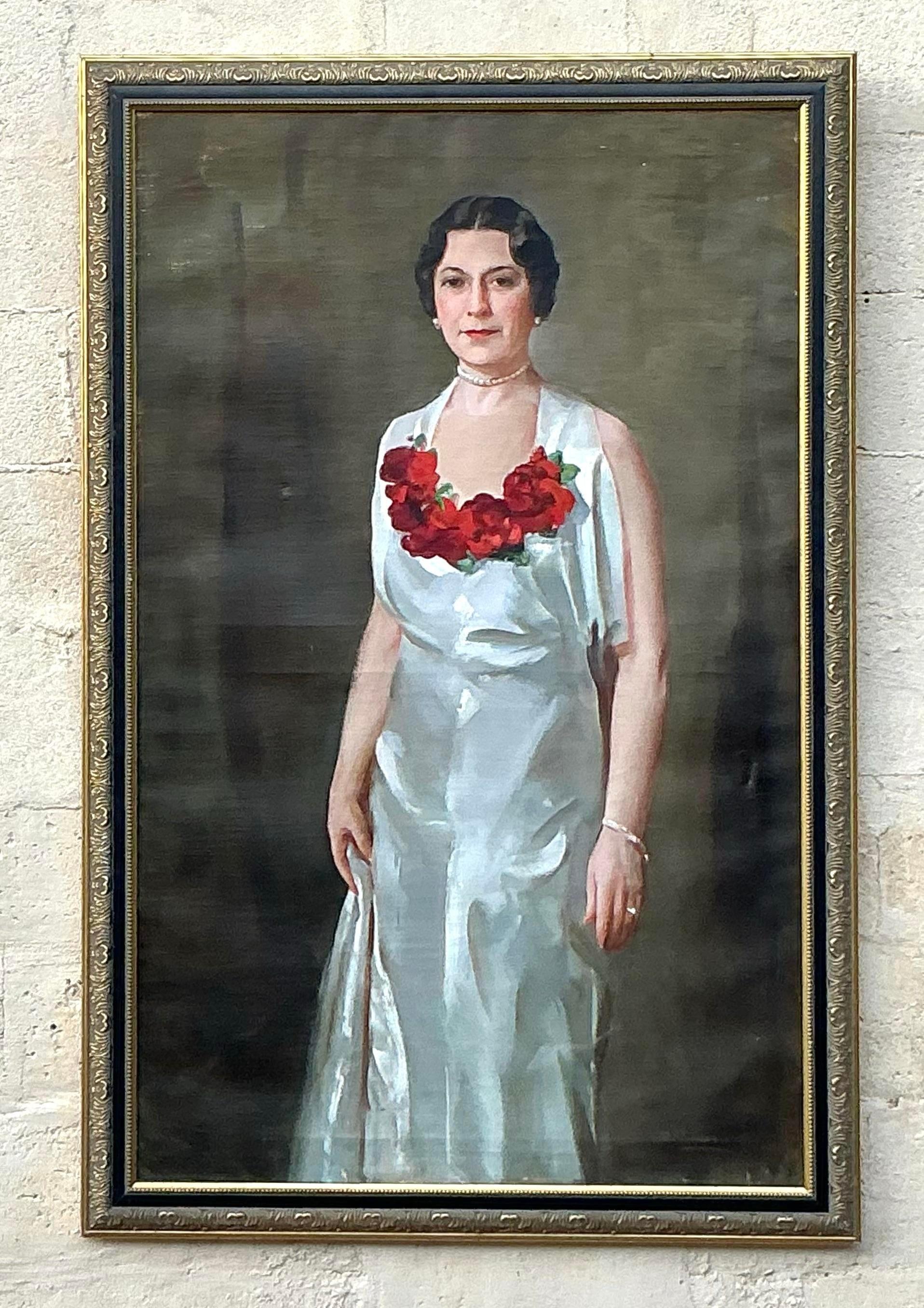 Vintage Regency Retrato al óleo original monumental sobre lienzo Regencia