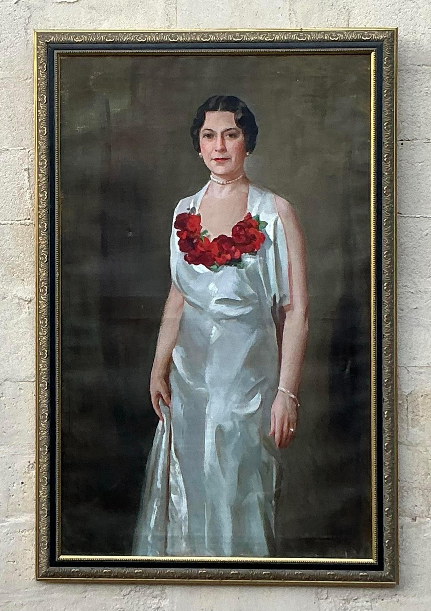 Vintage Regency Retrato al óleo original monumental sobre lienzo Lienzo