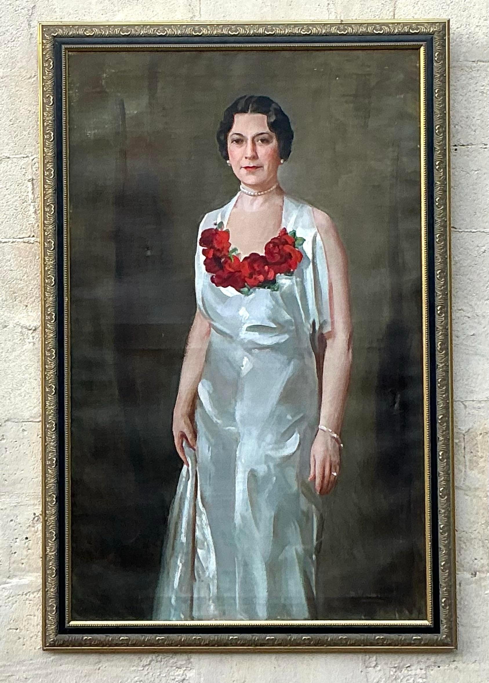 Vintage Regency Retrato al óleo original monumental sobre lienzo 2