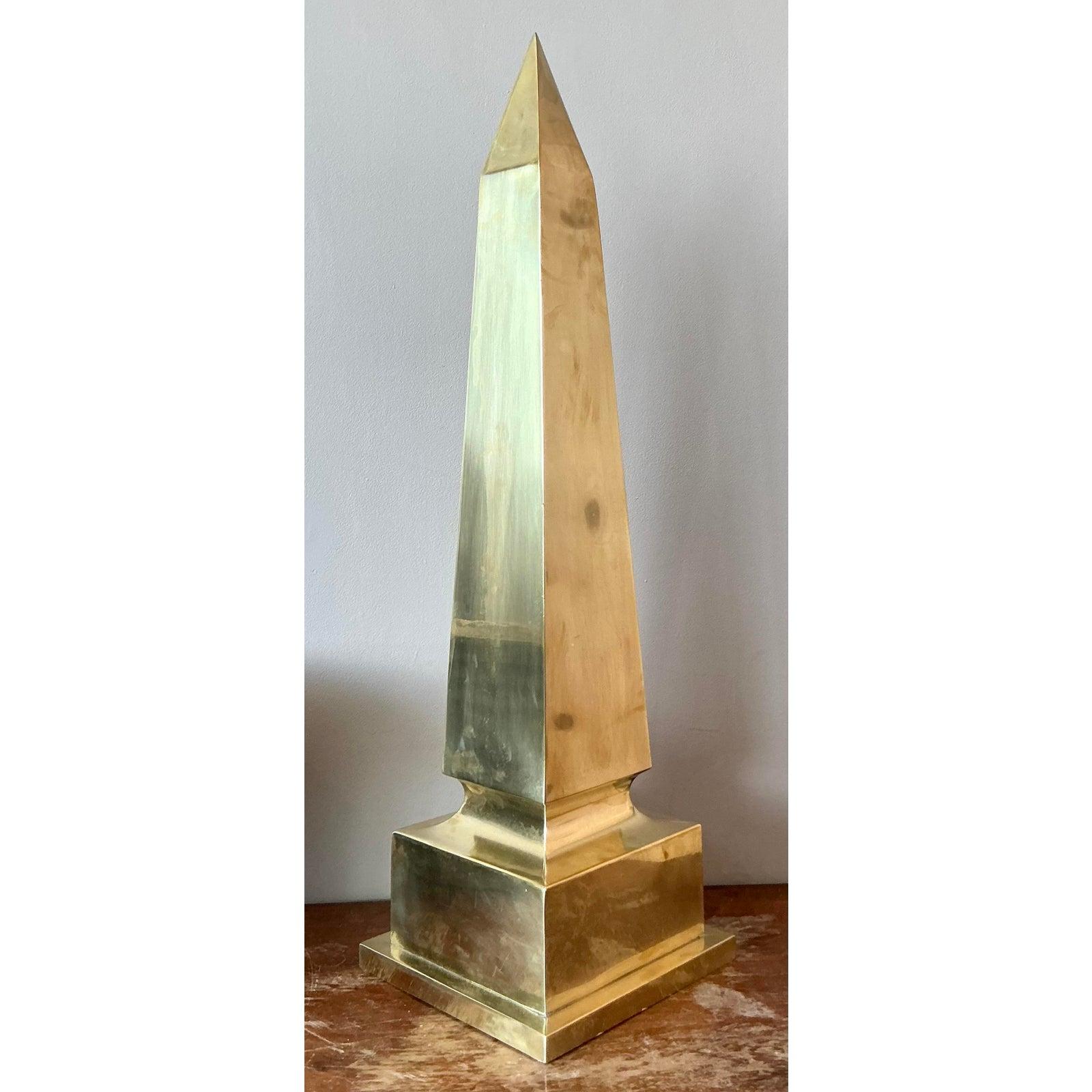 Art Deco Vintage Regency Monumental Polished Brass Obelisk For Sale