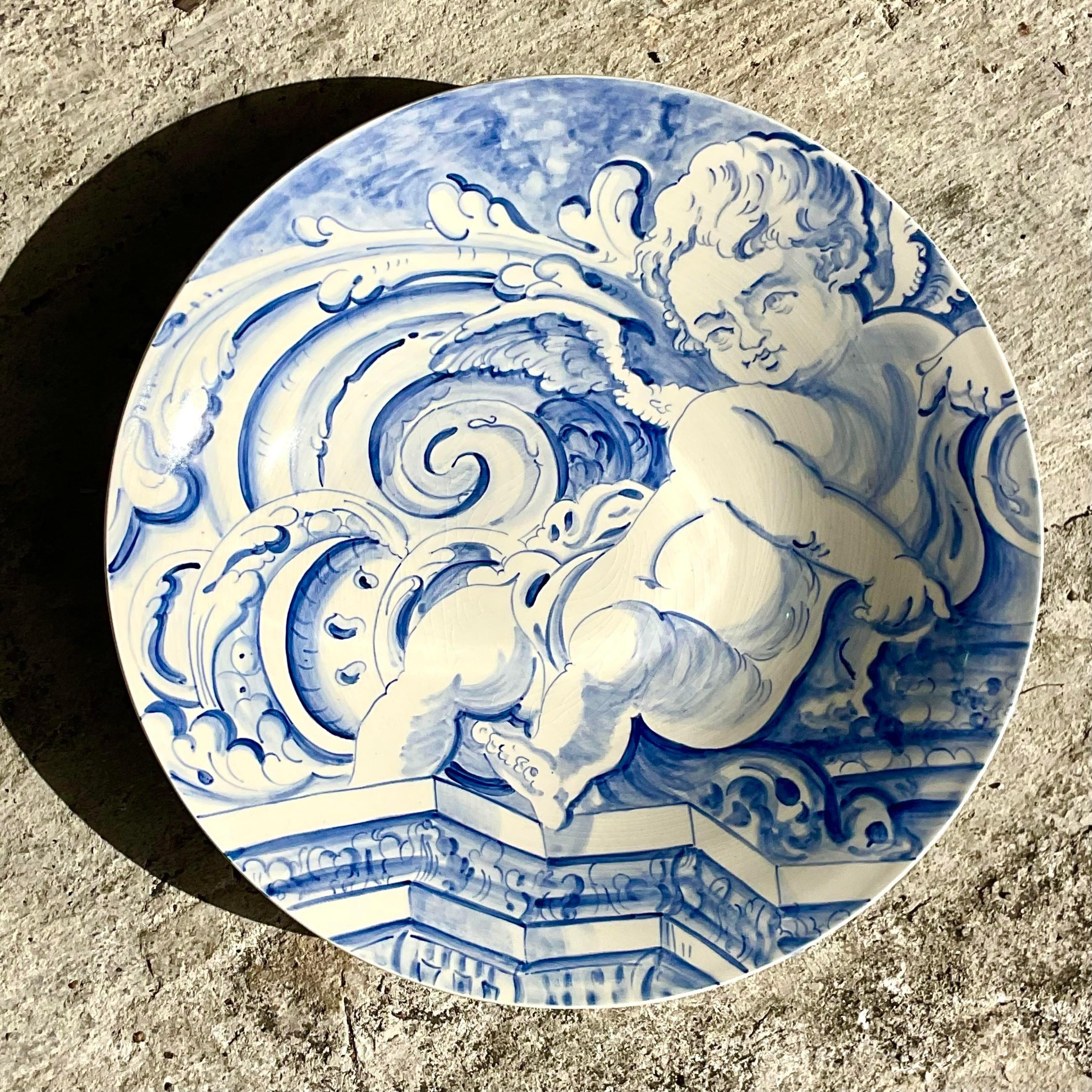 Mid-Century Modern Vintage Regency Monumental Signed Robert Walters Blue and White Cherub Plate For Sale
