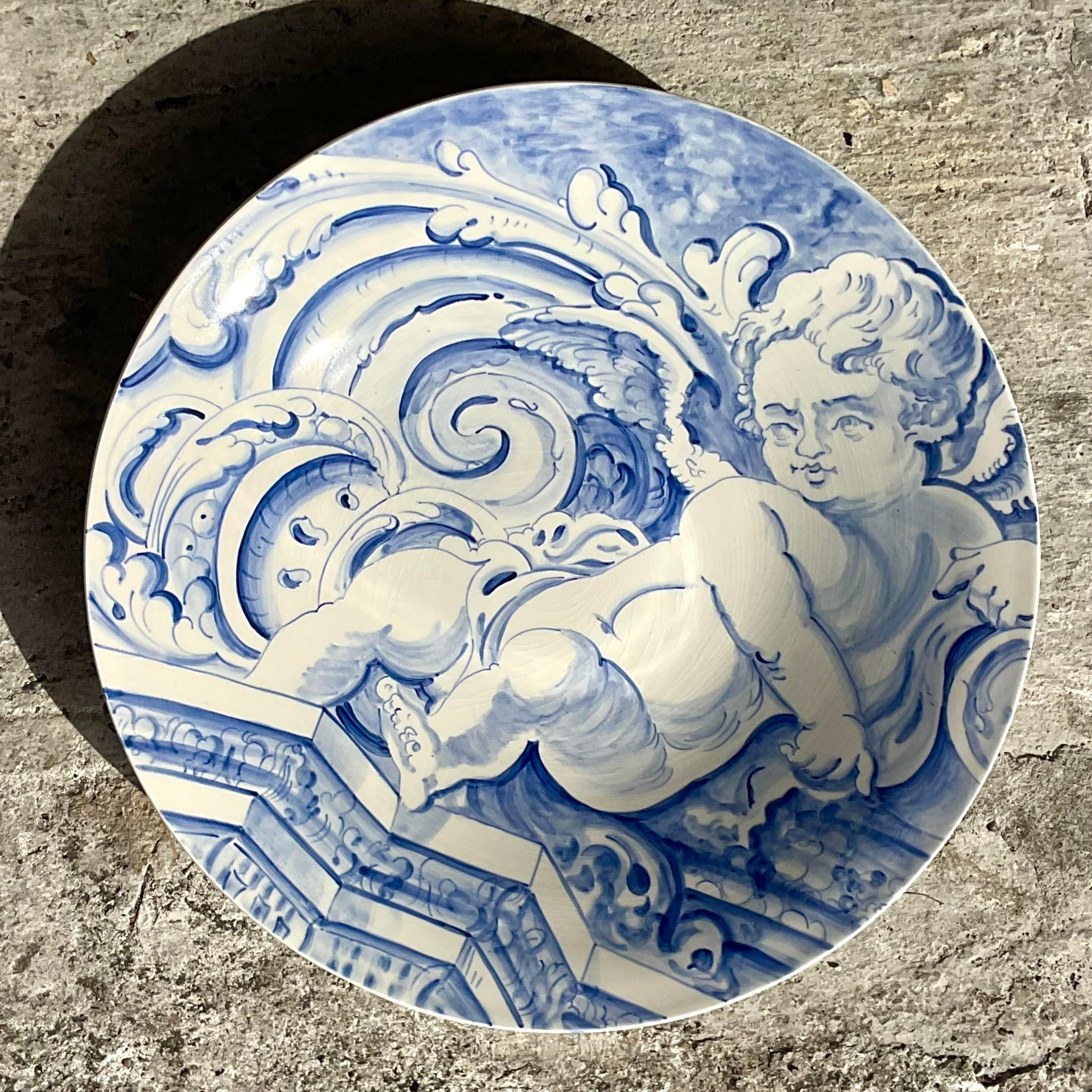 American Vintage Regency Monumental Signed Robert Walters Blue and White Cherub Plate For Sale