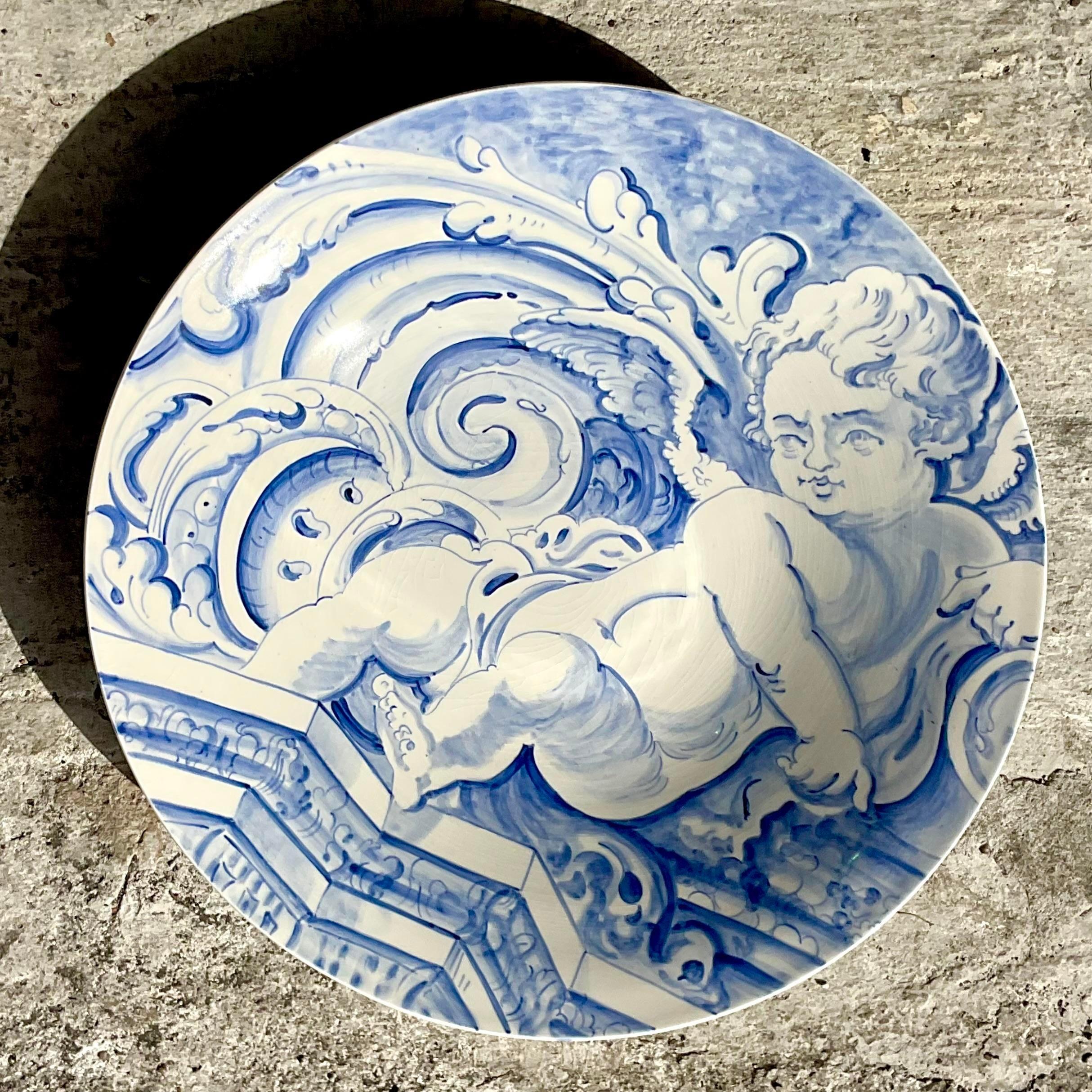 Vintage Regency Monumental Signed Robert Walters Blue and White Cherub Plate In Good Condition For Sale In west palm beach, FL