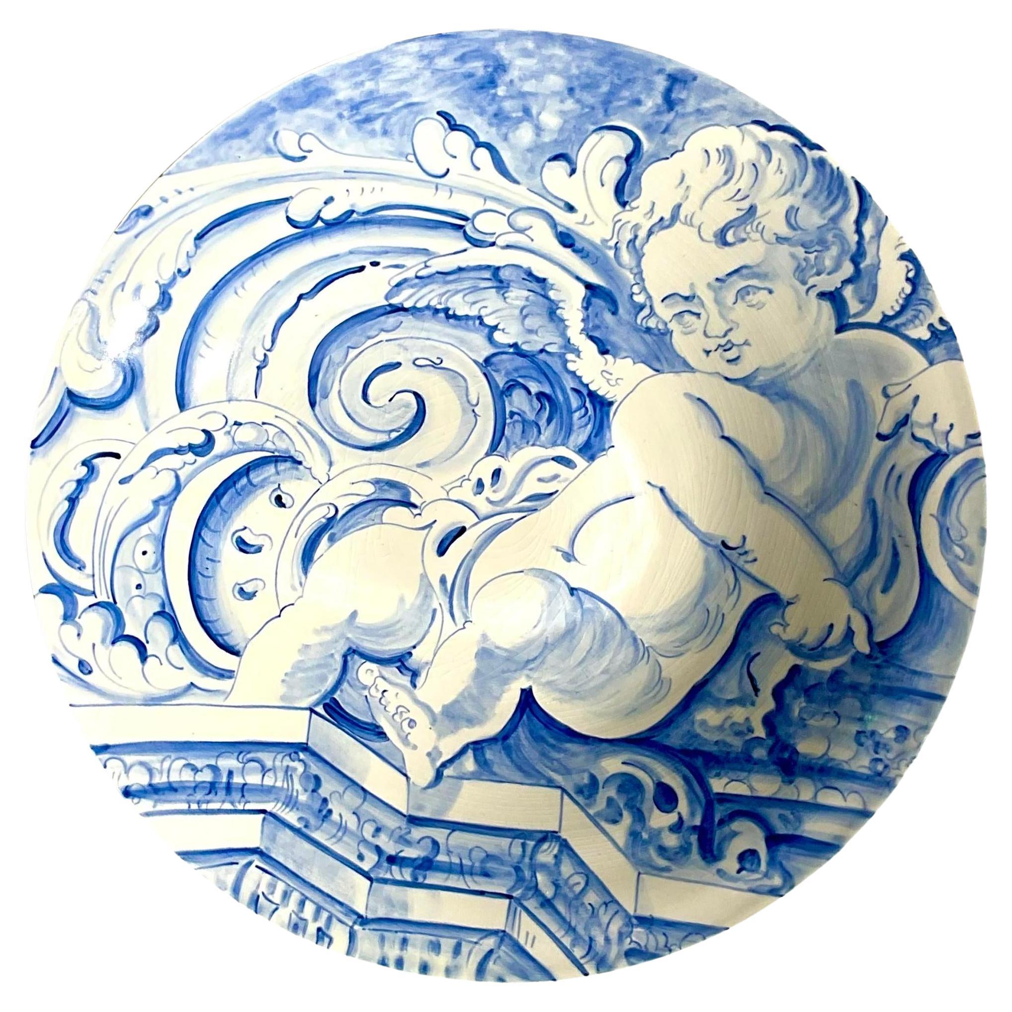 Vintage Regency Monumental Signed Robert Walters Blue and White Cherub Plate For Sale