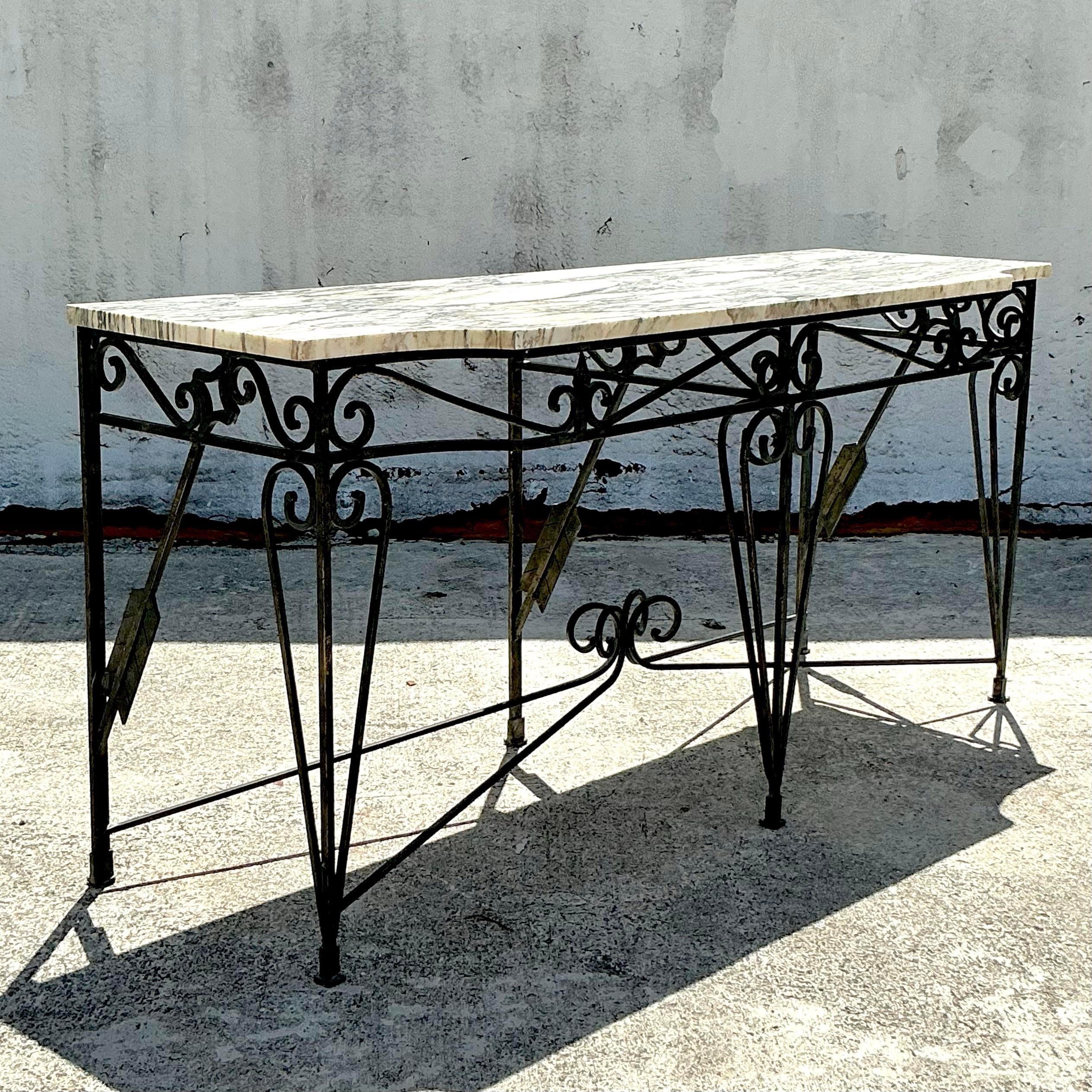 Vintage Regency Monumental Wrought Iron and Marble Arrow Console Table In Good Condition For Sale In west palm beach, FL
