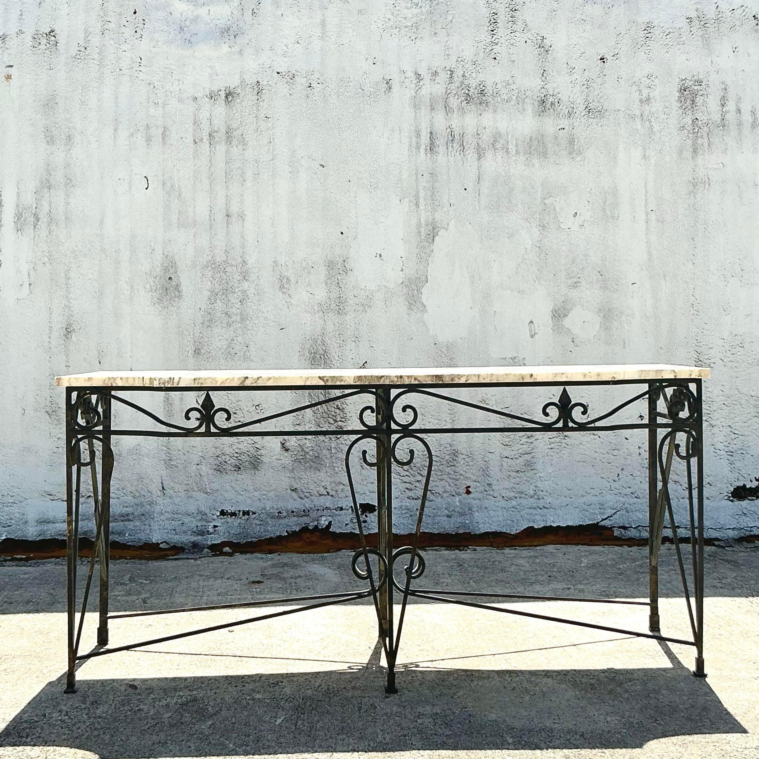 20th Century Vintage Regency Monumental Wrought Iron and Marble Arrow Console Table For Sale