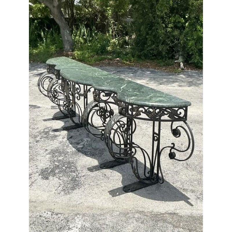 20th Century Vintage Regency Monumental Wrought Iron Marble Top Console Table For Sale