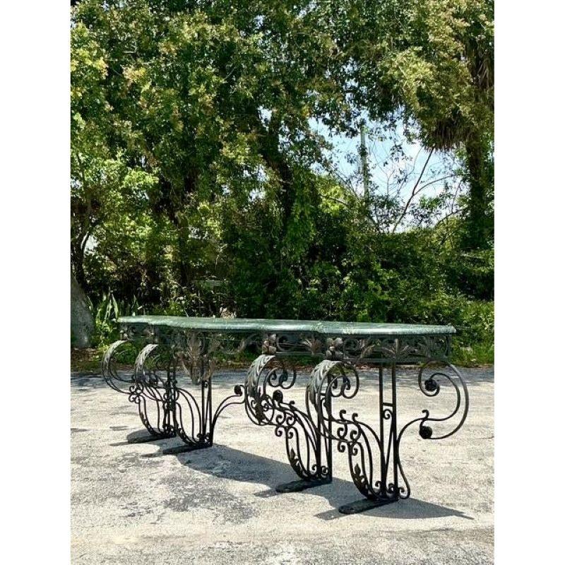 Vintage Regency Monumental Wrought Iron Marble Top Console Table For Sale 1