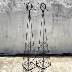 Vintage Regency Monumental Wrought Iron Sundials, a Pair