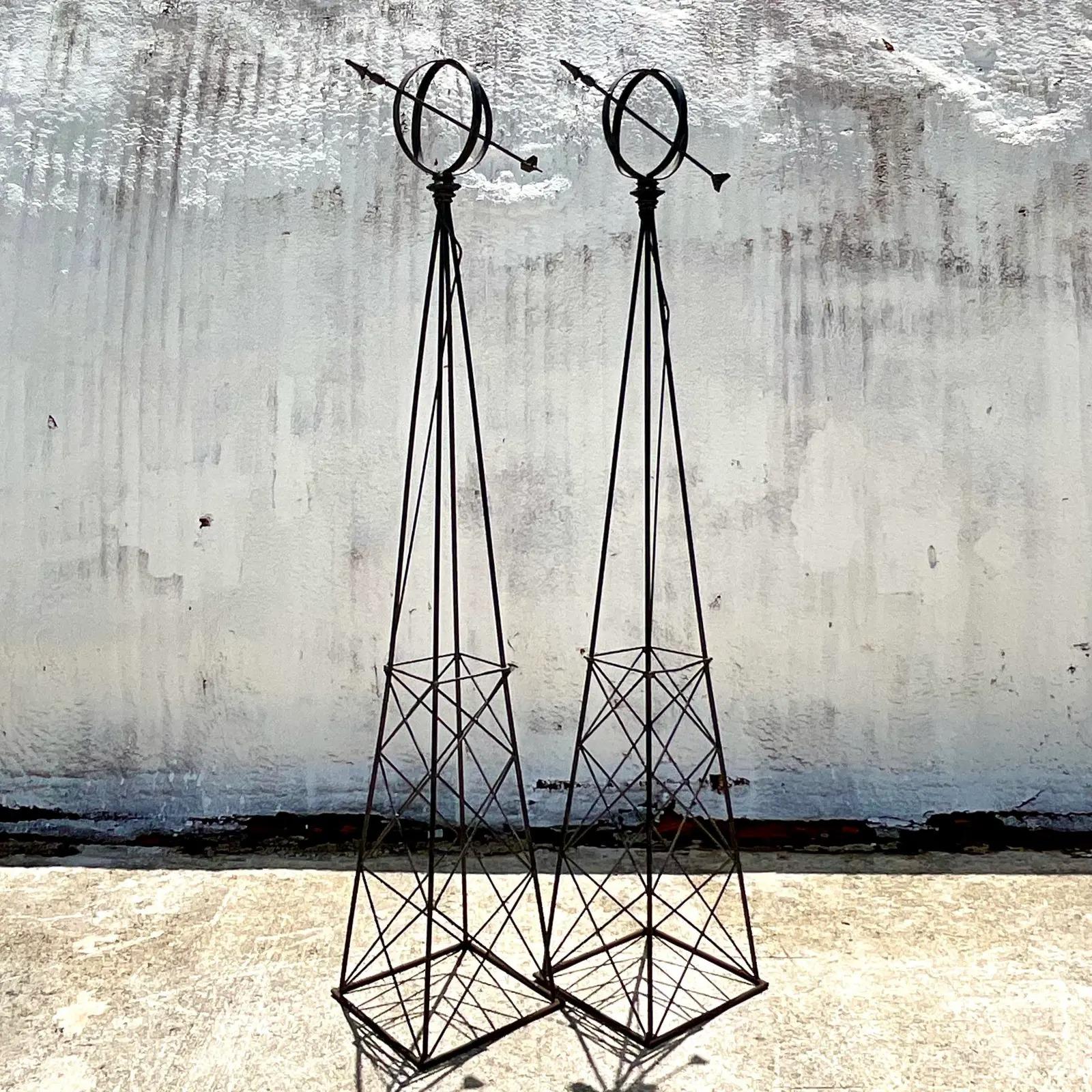 Vintage Regency Monumental Wrought Iron Sundials, a Pair In Good Condition In west palm beach, FL