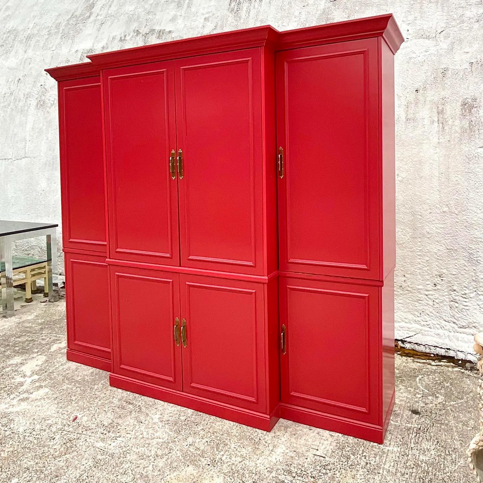 Vintage Regency Moroccan Red Lacquered Wall Unit 3