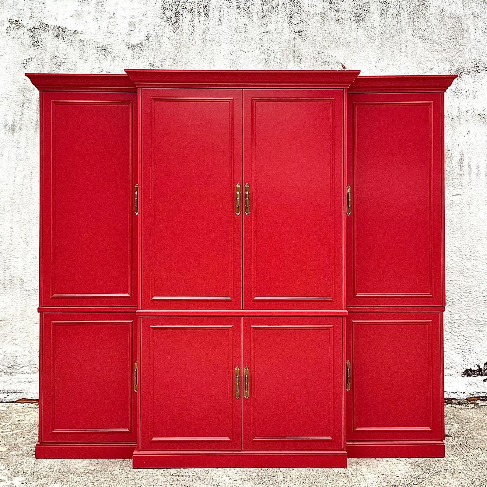 Vintage Regency Moroccan Red Lacquered Wall Unit For Sale 4