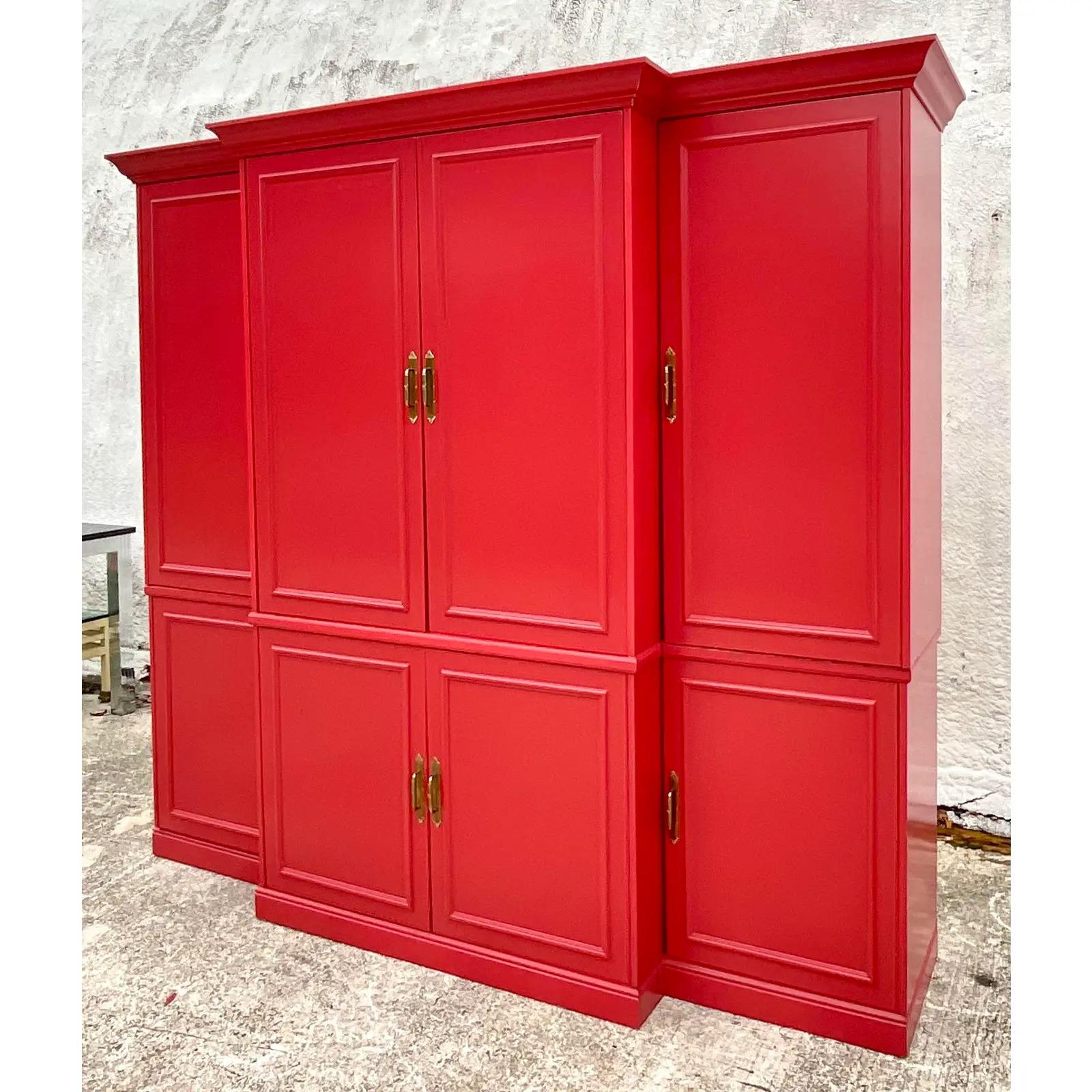 North American Vintage Regency Moroccan Red Lacquered Wall Unit For Sale